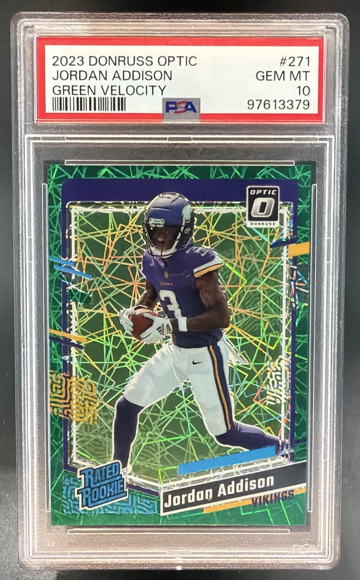 2023 Donruss Optic Jordan Addison Green Velocity Prizm RC Rated Rookie PSA 10 — front