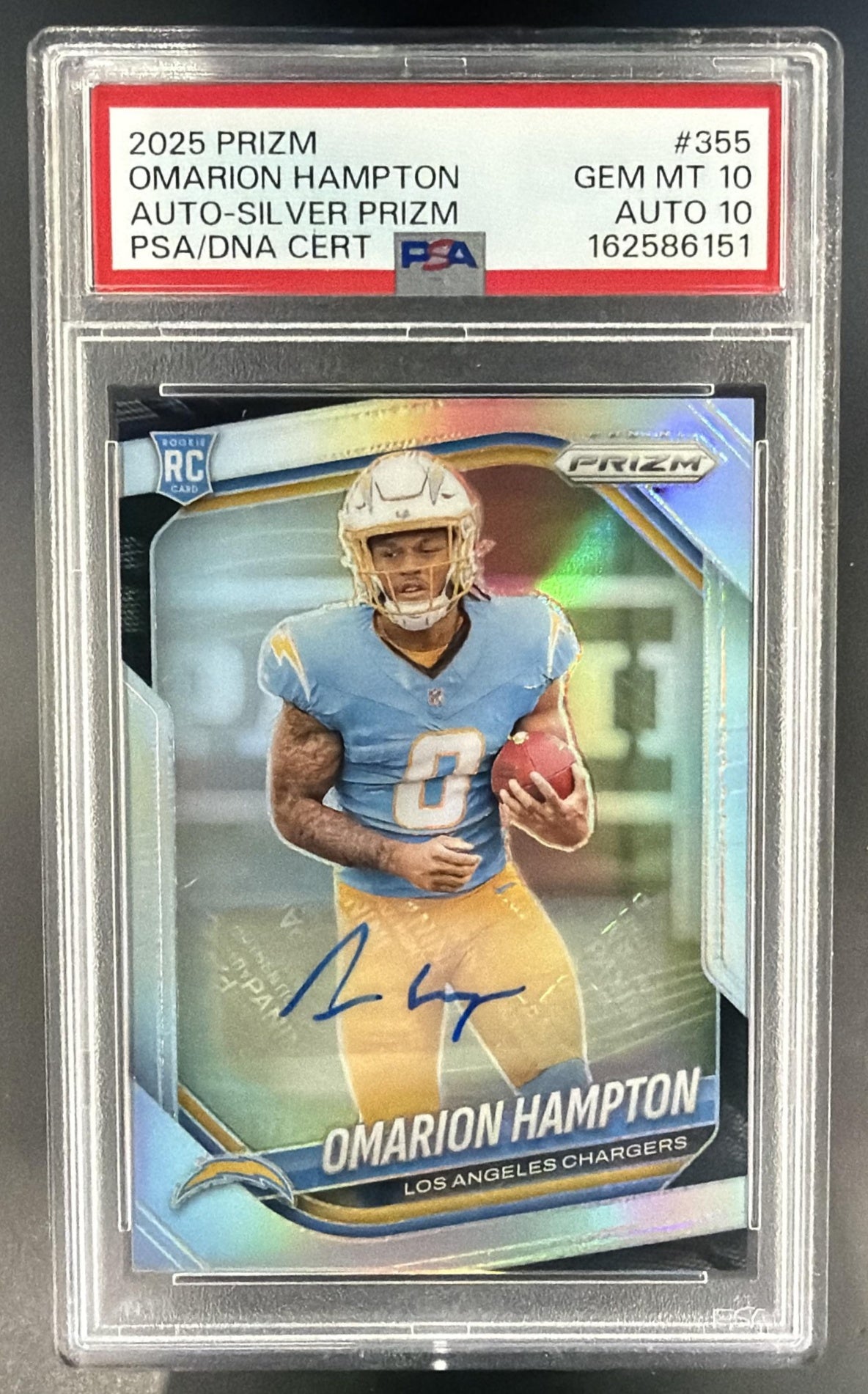 2025 Panini Prizm Omarion Hampton #355 Rookie Auto Silver RC Chargers PSA 10 — front