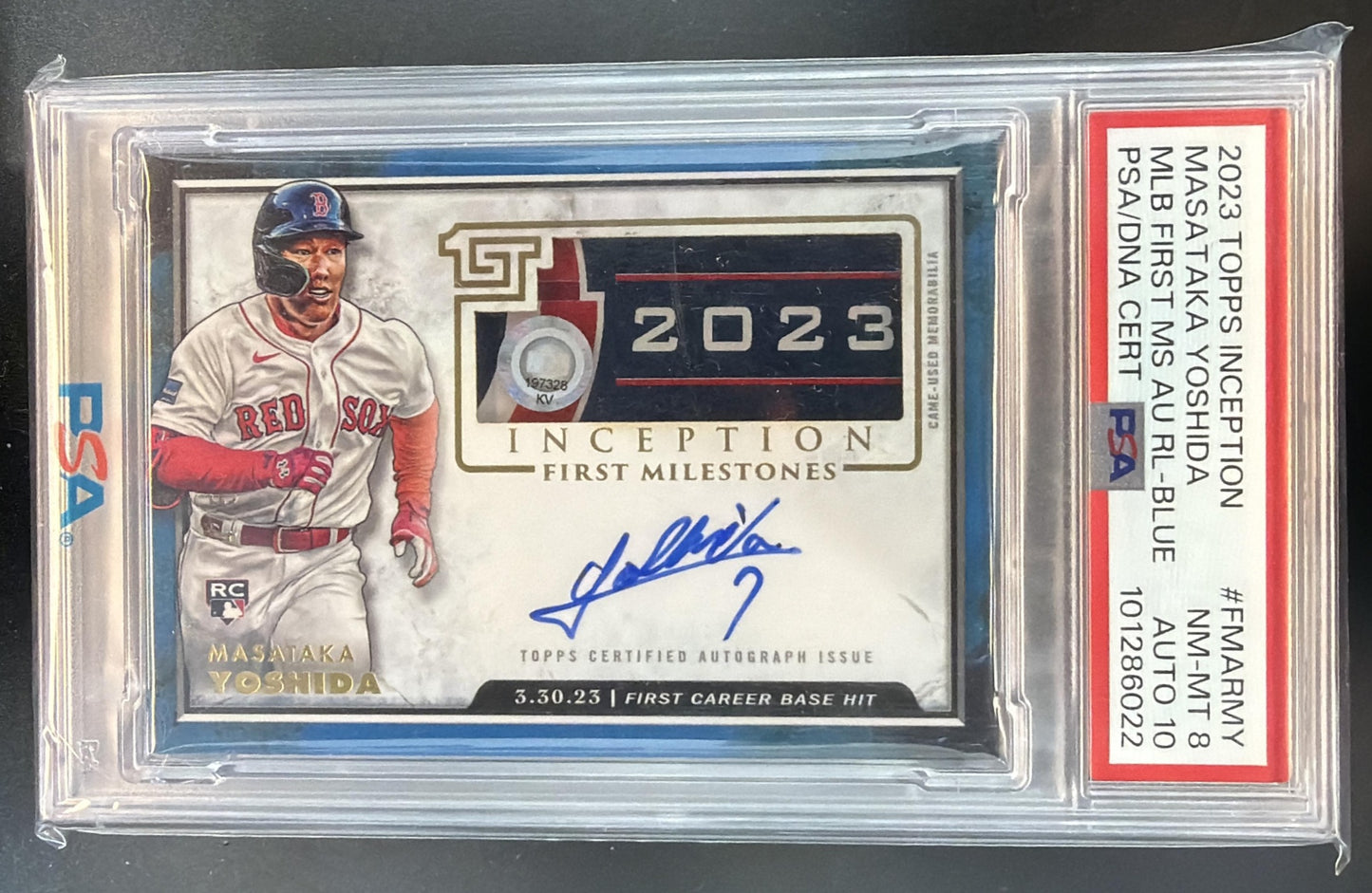 2023 Topps Inception Masataka Yoshida First Milestones Auto Relics /5 RC PSA 8 — front