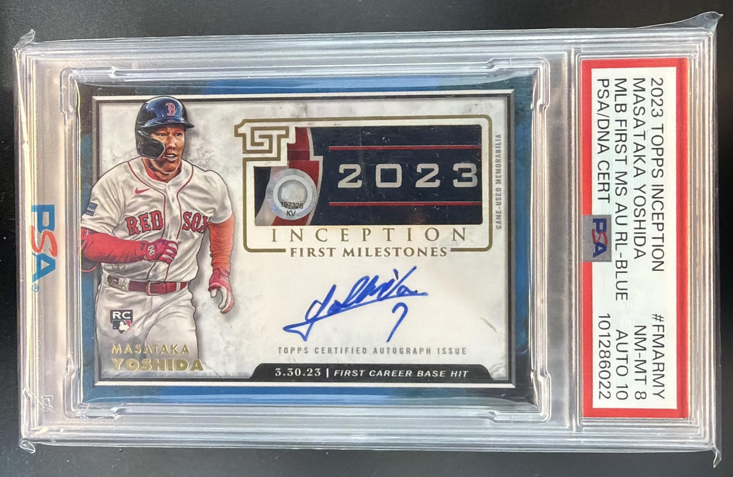 2023 Topps Inception Masataka Yoshida First Milestones Auto Relics /5 RC PSA 8 — front