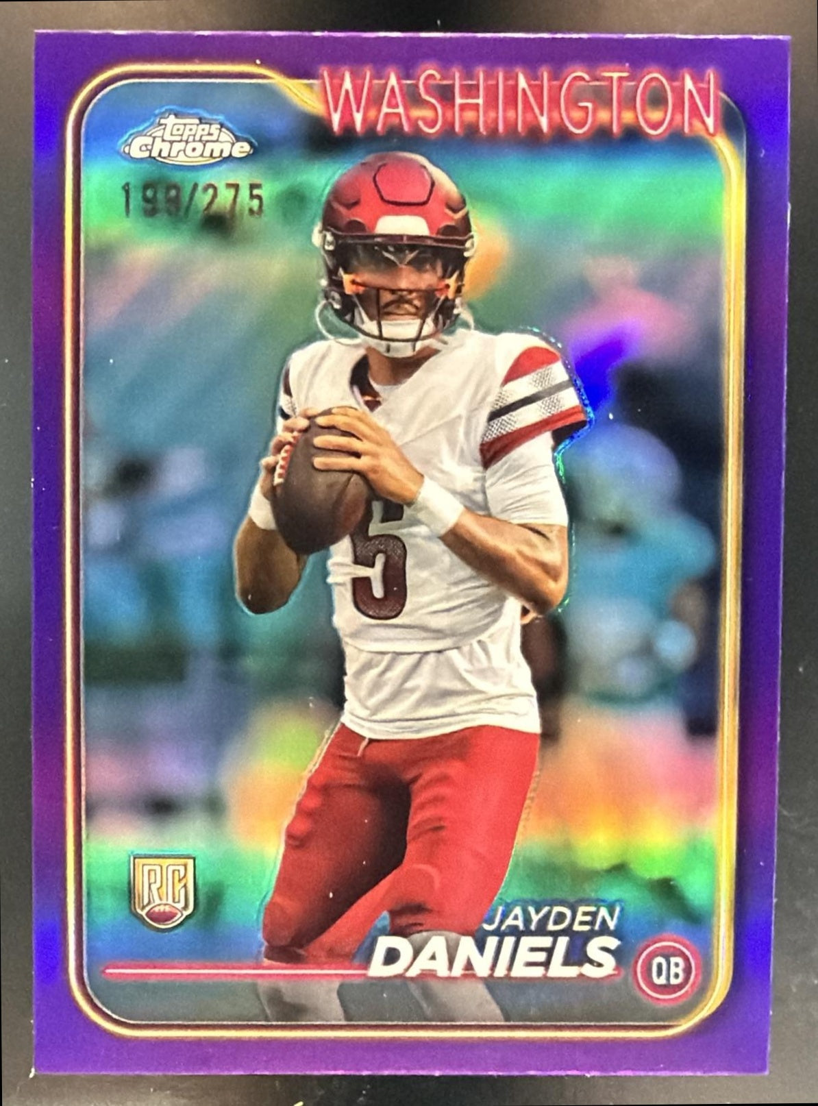 2024 Topps Chrome Jayden Daniels #201 Purple Refractor 198/275 RC Commanders — front