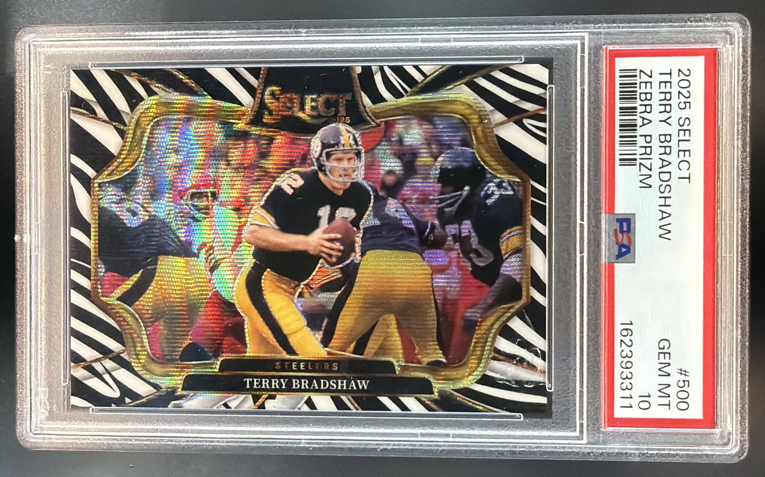 2025 Panini Select Terry Bradshaw #500 Field Level Zebra Prizm Steelers PSA 10 — front