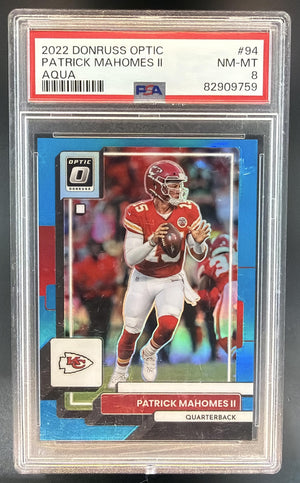 2022 Panini Donruss Optic Patrick Mahomes II #94 Aqua 2/299 Chiefs PSA 8