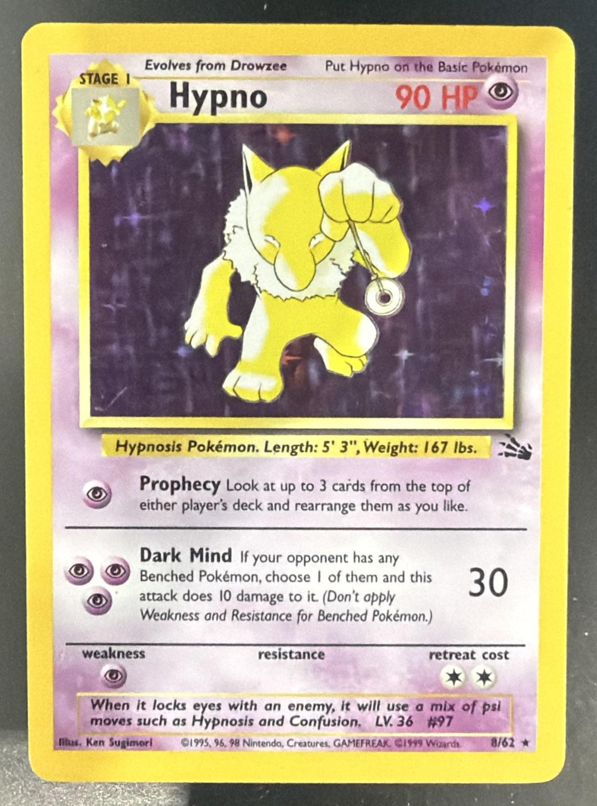 1999 Pokemon Fossil 1st Edition Hypno #8/62 — front