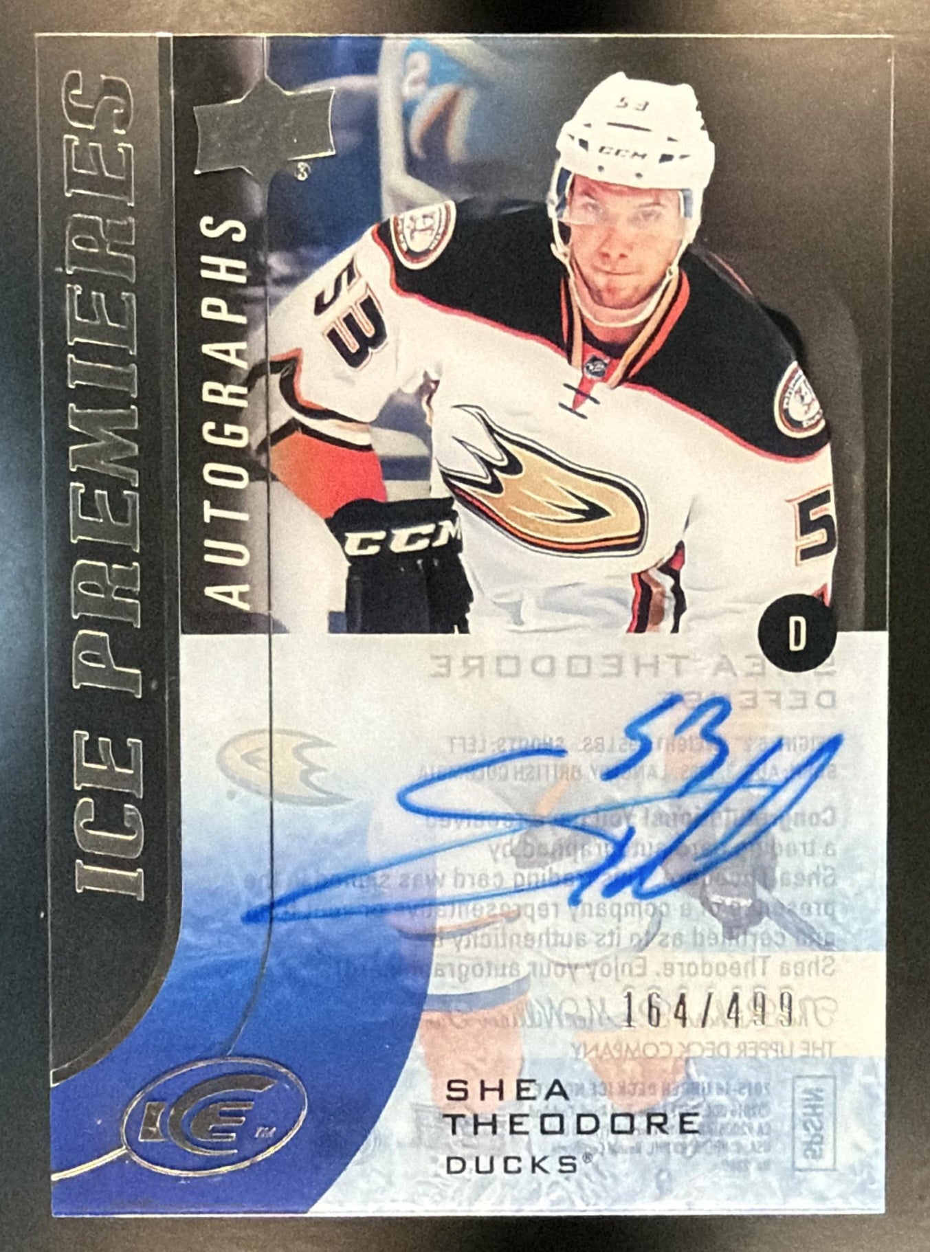 2015-16 Upper Deck Ice Shea Theodore #IPA-ST Premieres Auto 164/499 RC Ducks — front