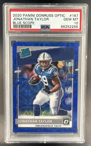 2020 Panini Donruss Optic Jonathan Taylor #167 Blue Scope Prizm RC Colts PSA 10