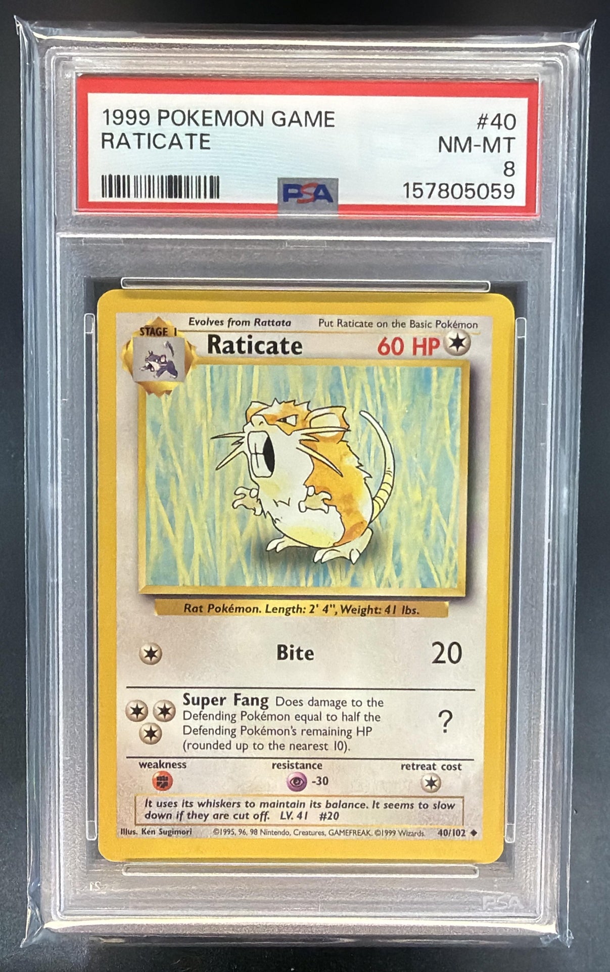 1999 Pokemon Unlimited Raticate #40/102 Set Uncommon PSA 8 — front