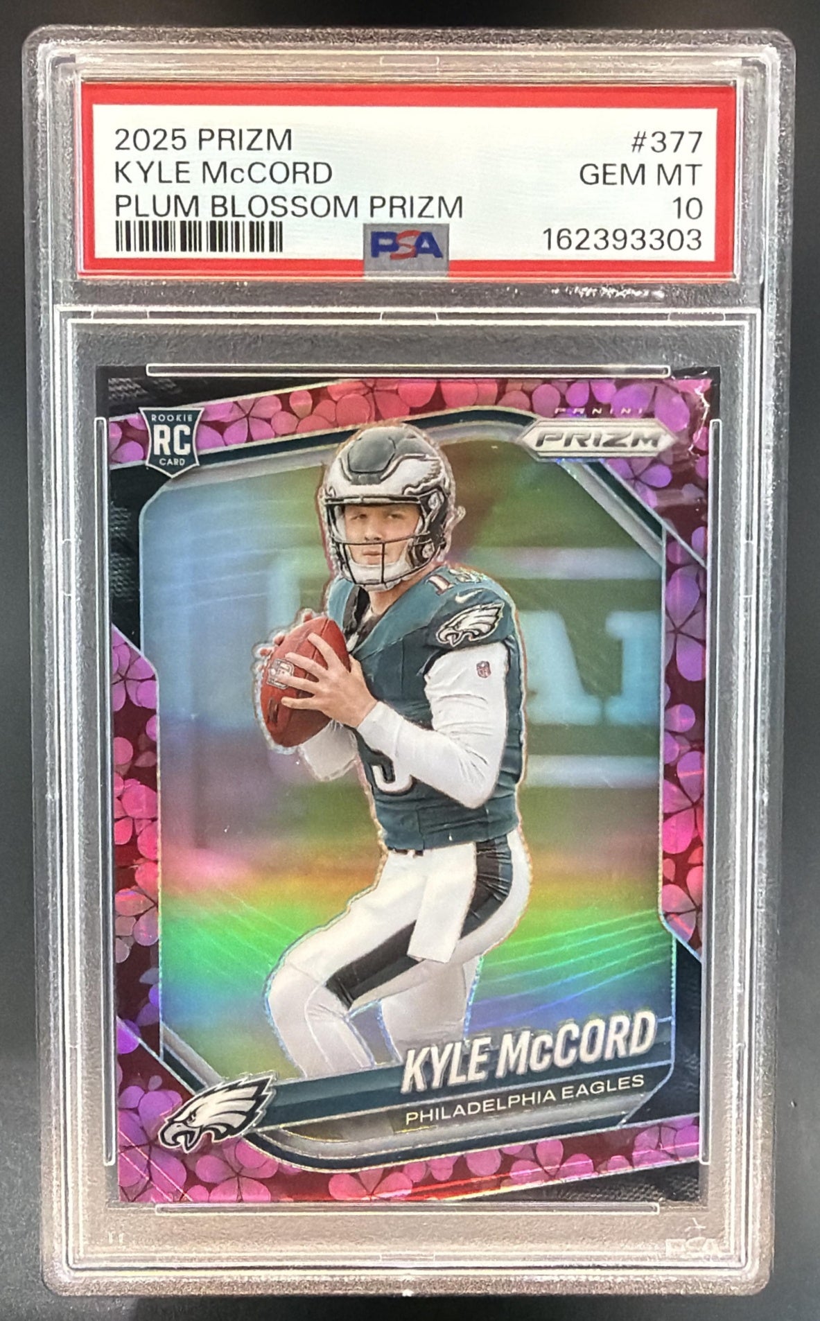 2025 Panini Prizm Kyle McCord #377 Plum Blossom 8/8 RC Eagles PSA 10 — front