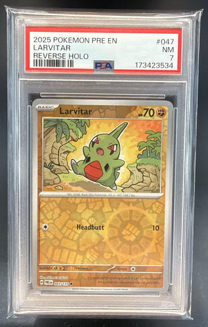2025 Pokemon Prismatic Evolutions Larvitar #047/131 Reverse Holo PSA 7