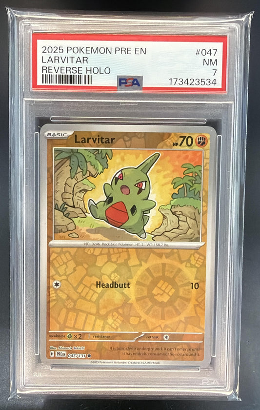 2025 Pokemon Prismatic Evolutions Larvitar #047/131 Reverse Holo PSA 7 — front