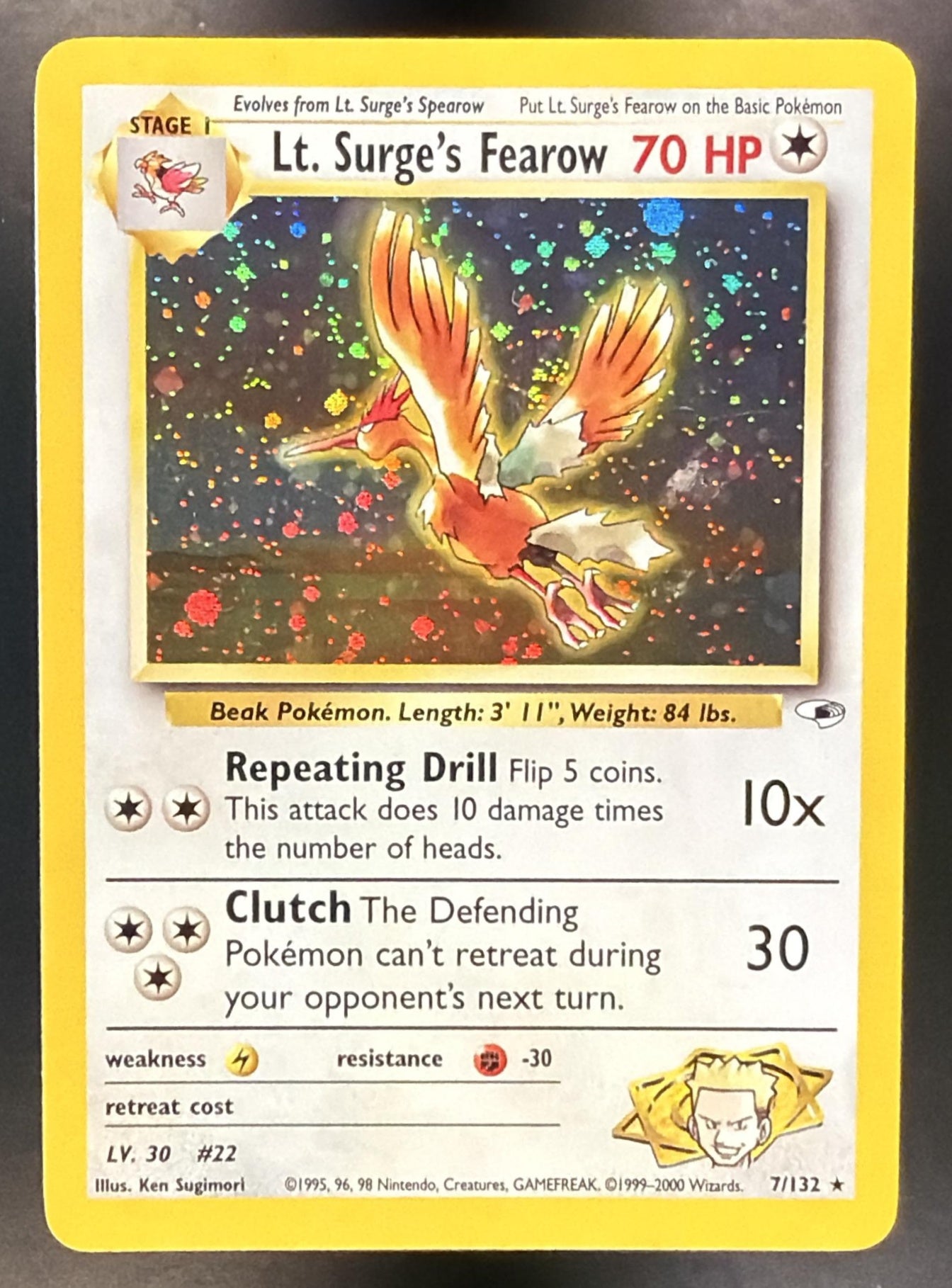 2000 Pokemon Gym Heroes Lt. Surge's Fearow #007/132 Holo — front
