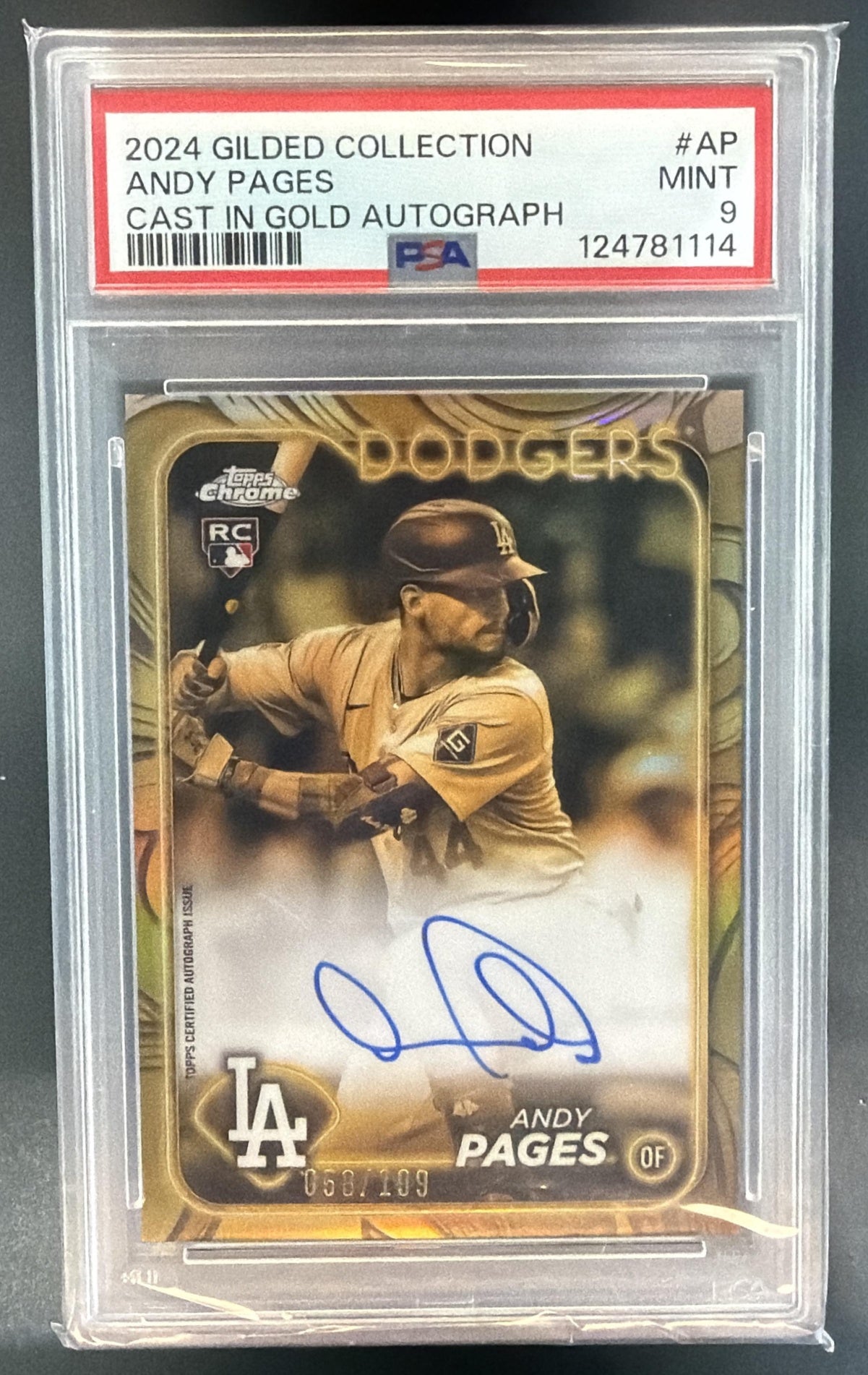 2024 Topps Gilded Andy Pages Cast In Gold Variation Auto /199 RC PSA 9 — front