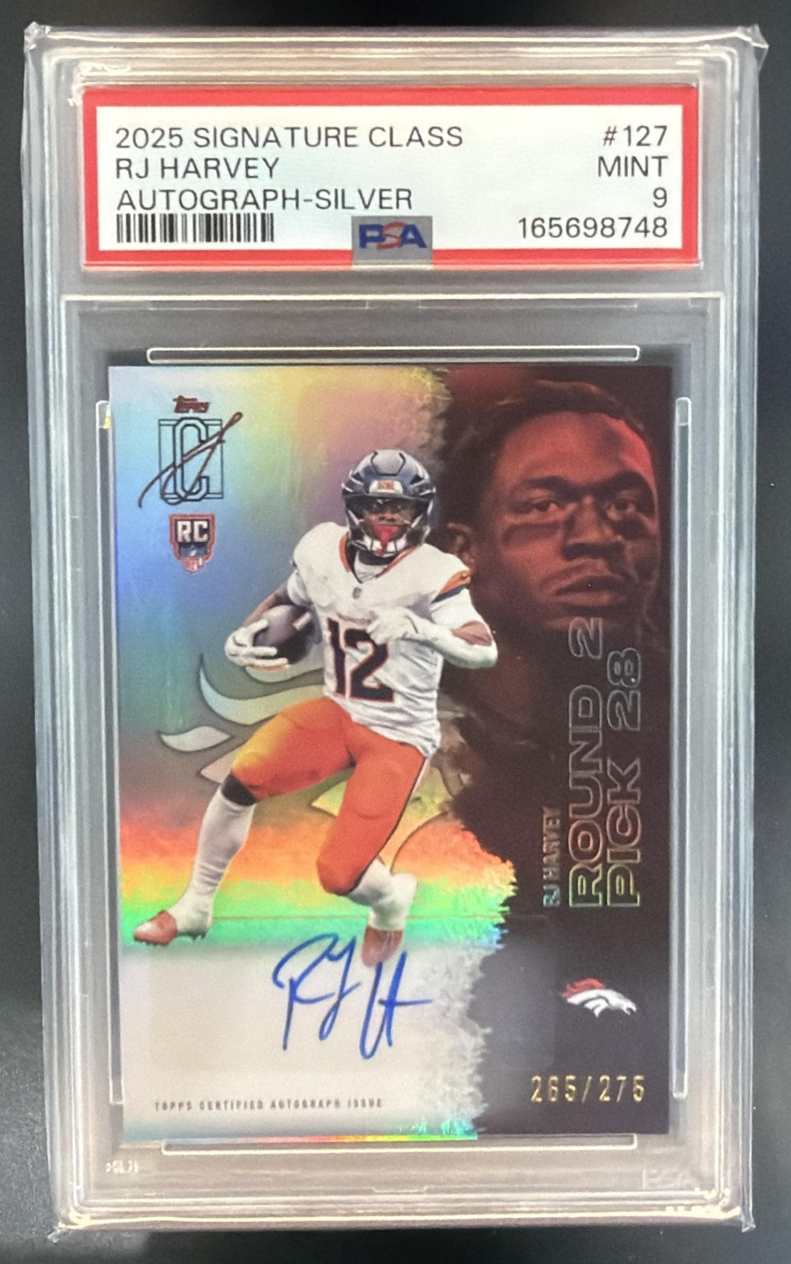 2025 Topps Signature Class RJ Harvey #127 Rookie Auto Silver Foil /275 RC PSA 9 — front