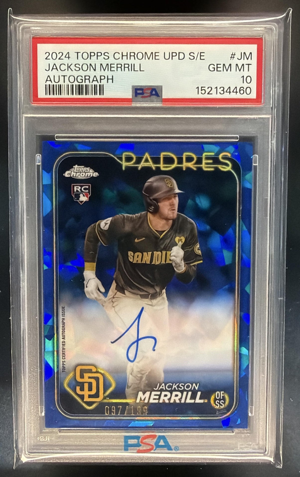 2024 Topps Chrome Update Sapphire Jackson Merrill #USA-JM Auto /199 RC PSA 10 — front