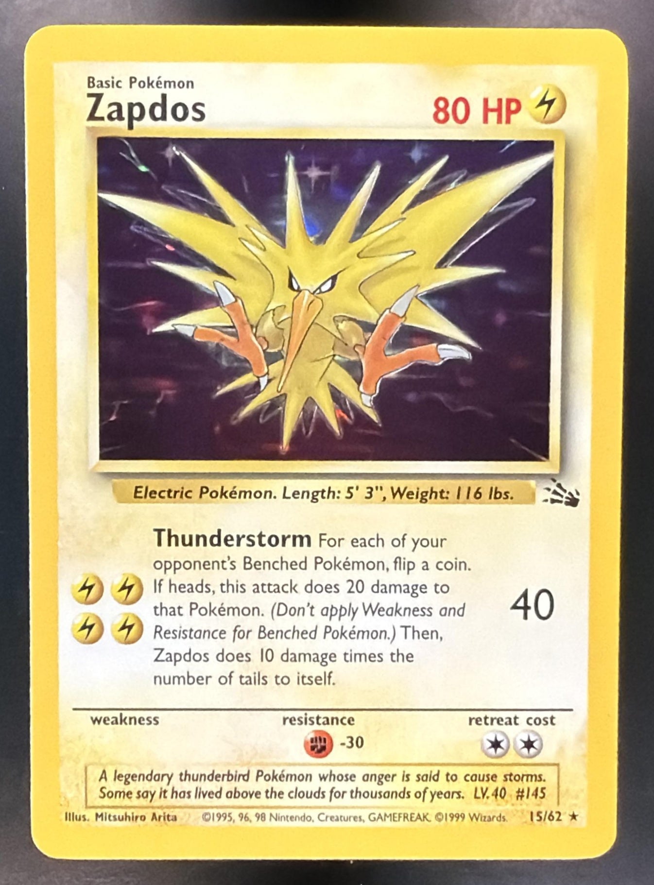 1999 Pokemon Fossil Zapdos #15/62 — front