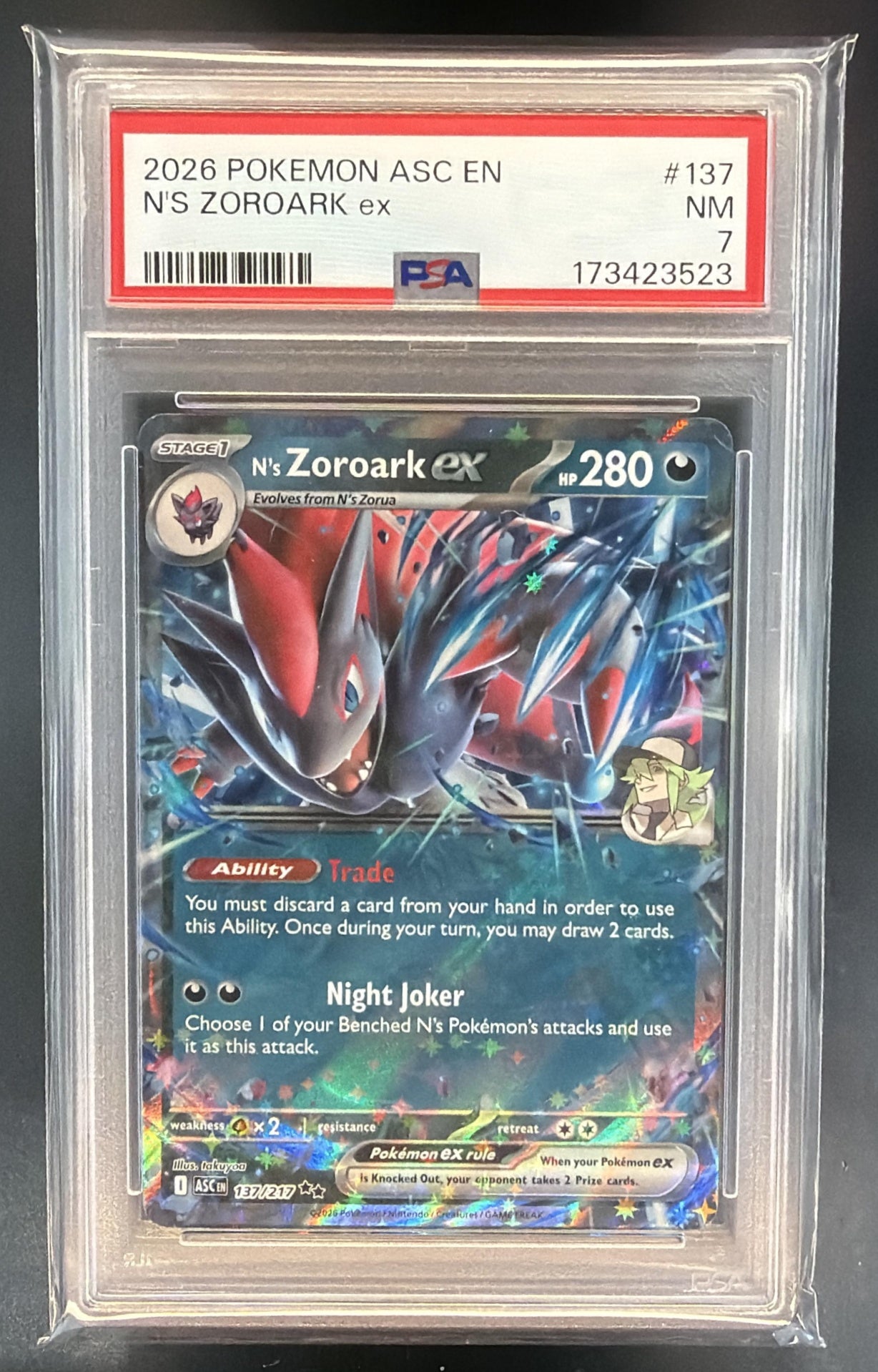 2026 Pokemon Ascended Heroes N's Zoroark ex #137/217 Double Rare PSA 7 — front