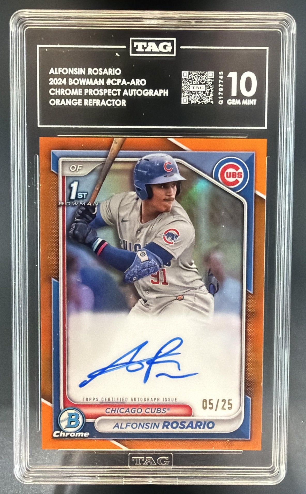 2024 Bowman Alfonsin Rosario Chrome Auto Orange Refractor /25 1st TAG 10 — front