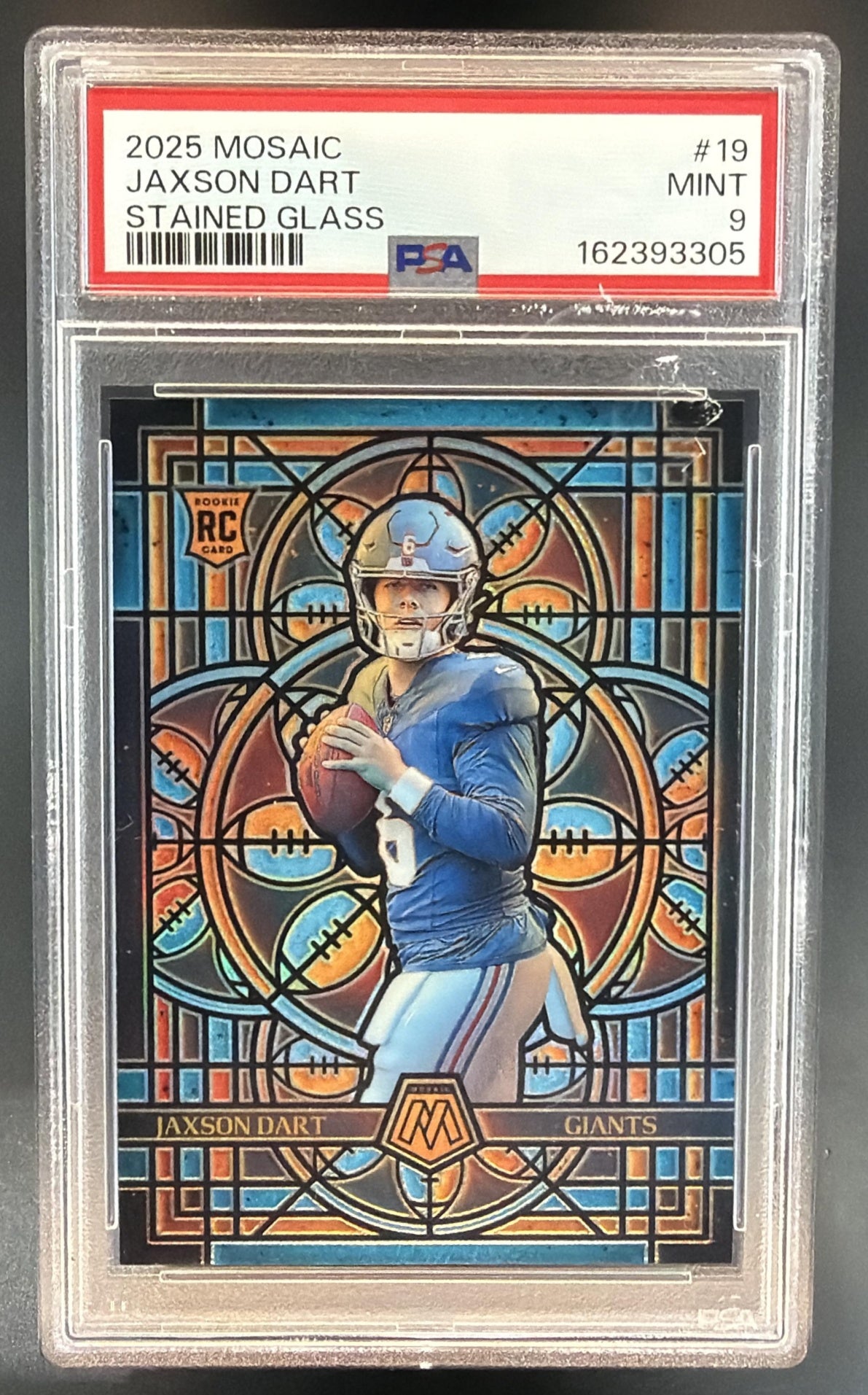 2025 Panini Mosaic Jaxson Dart #19 Stained Glass RC Giants PSA 9 — front