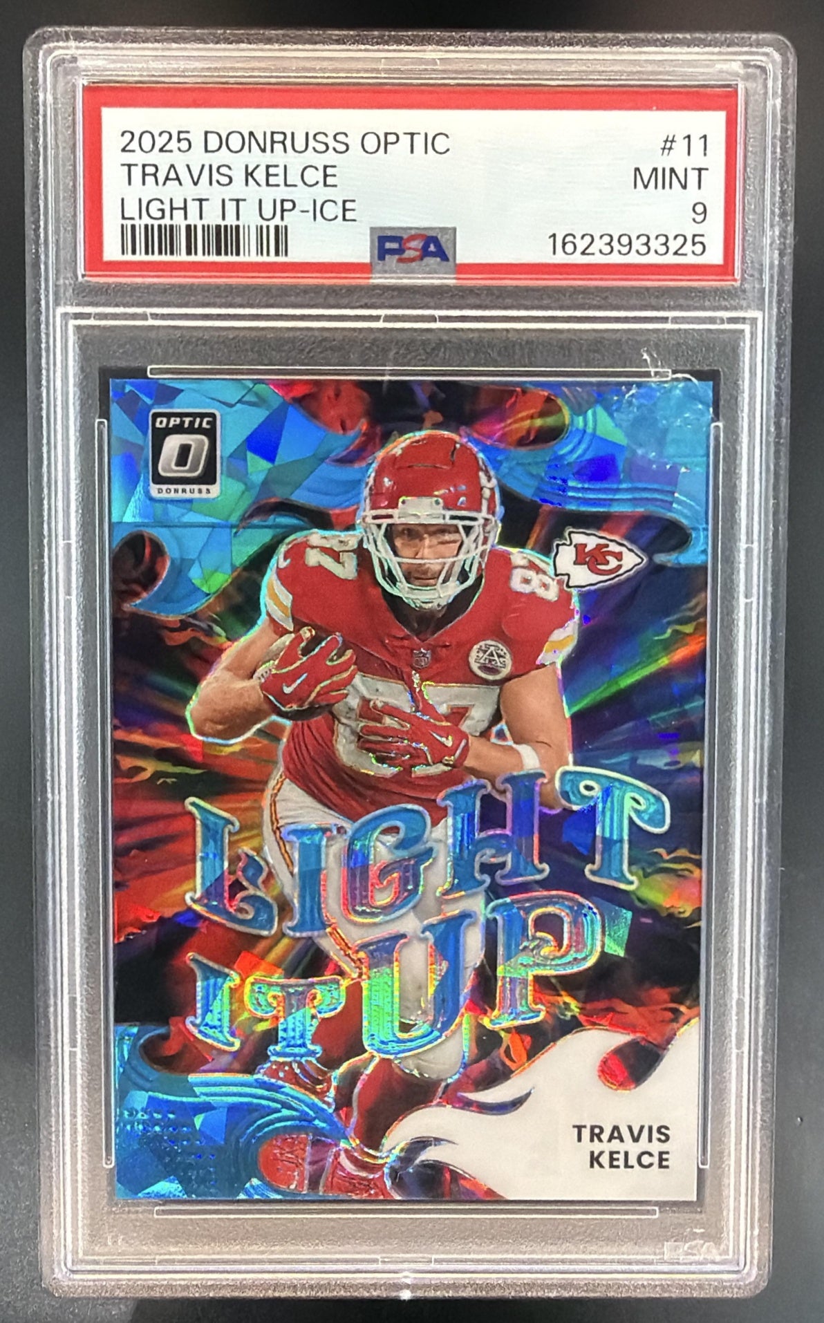 2025 Panini Donruss Optic Travis Kelce #11 Light It Up Ice Prizm /55 PSA 9 — front