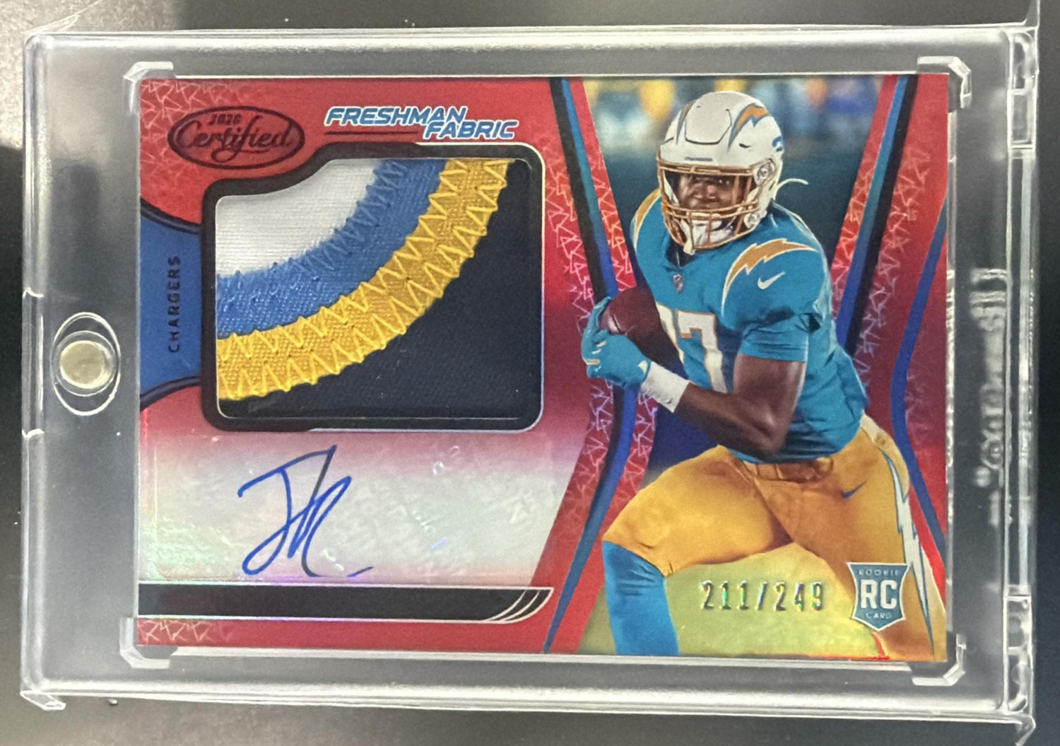 2020 Certified Joshua Kelley Freshman Fabric Mirror Signatures Red /249 RC Auto — front