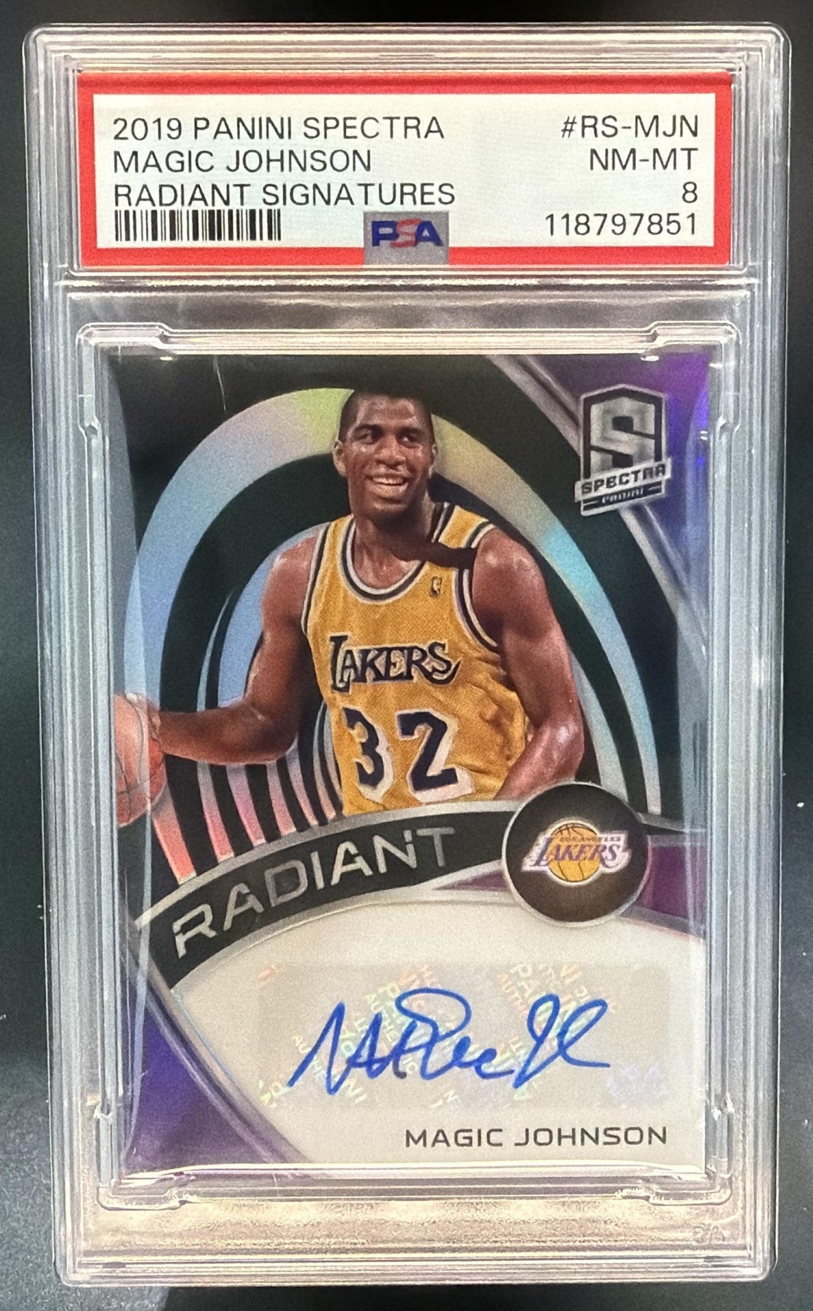 2019 Panini Spectra Magic Johnson #RS-MJN Radiant Signatures /49 Auto PSA 8 — front