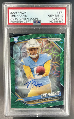 2025 Panini Prizm Tre Harris #371 Rookie Auto Green Scope /75 RC PSA 10