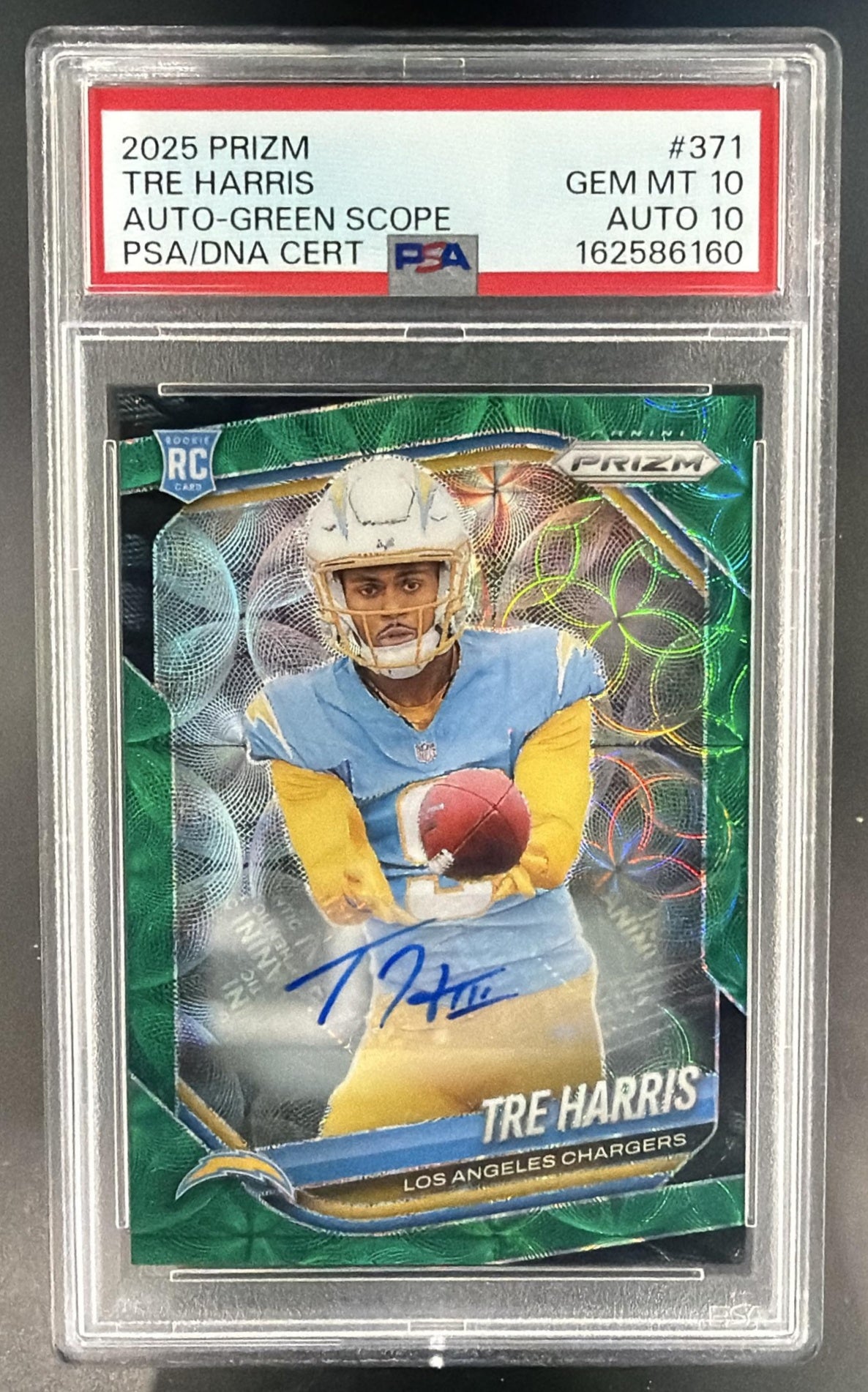 2025 Panini Prizm Tre Harris #371 Rookie Auto Green Scope /75 RC PSA 10 — front