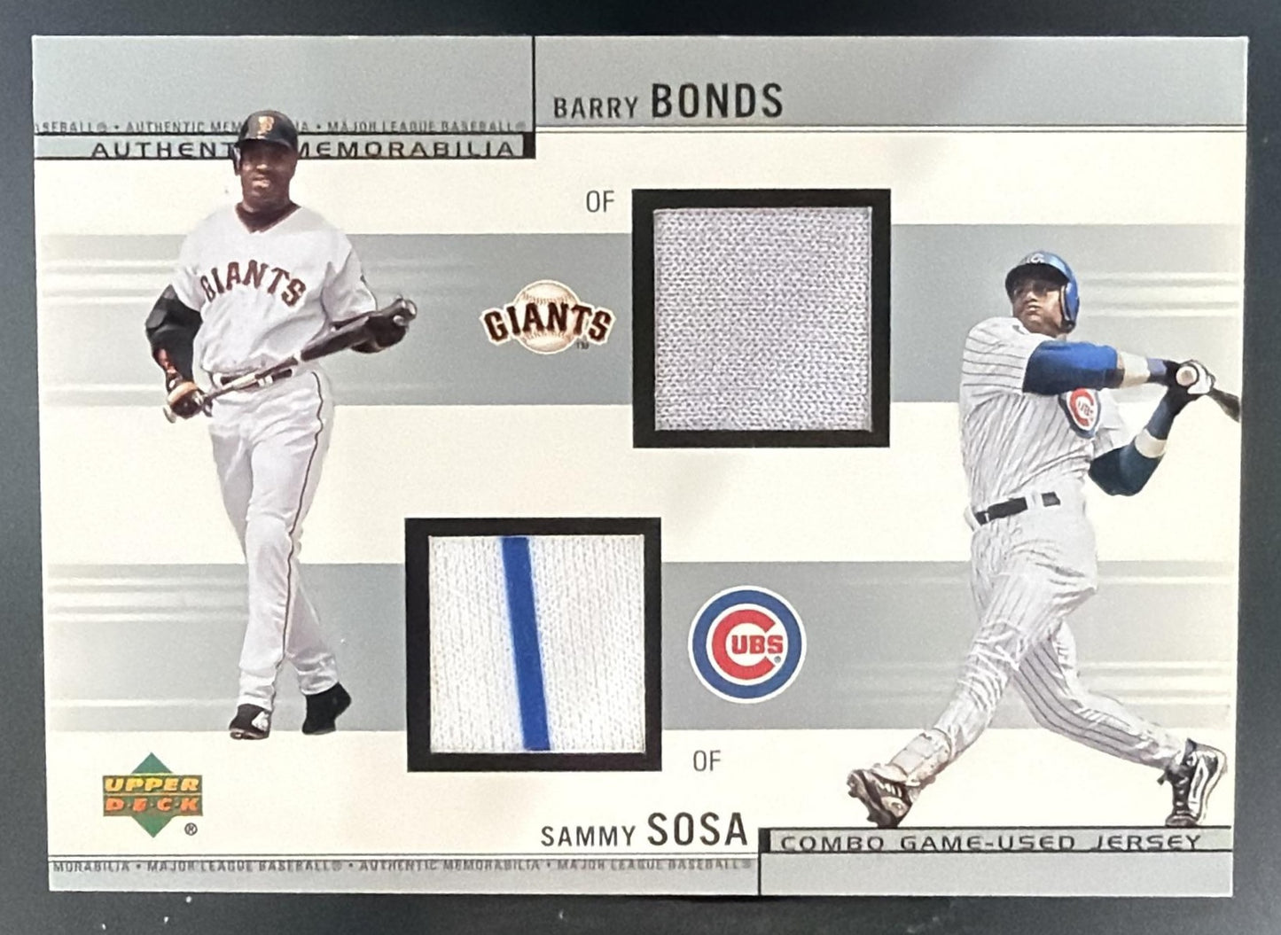 2002 Upper Deck Barry Bonds Sammy Sosa #CJ-BS Combo Game Used Memorabilia — front
