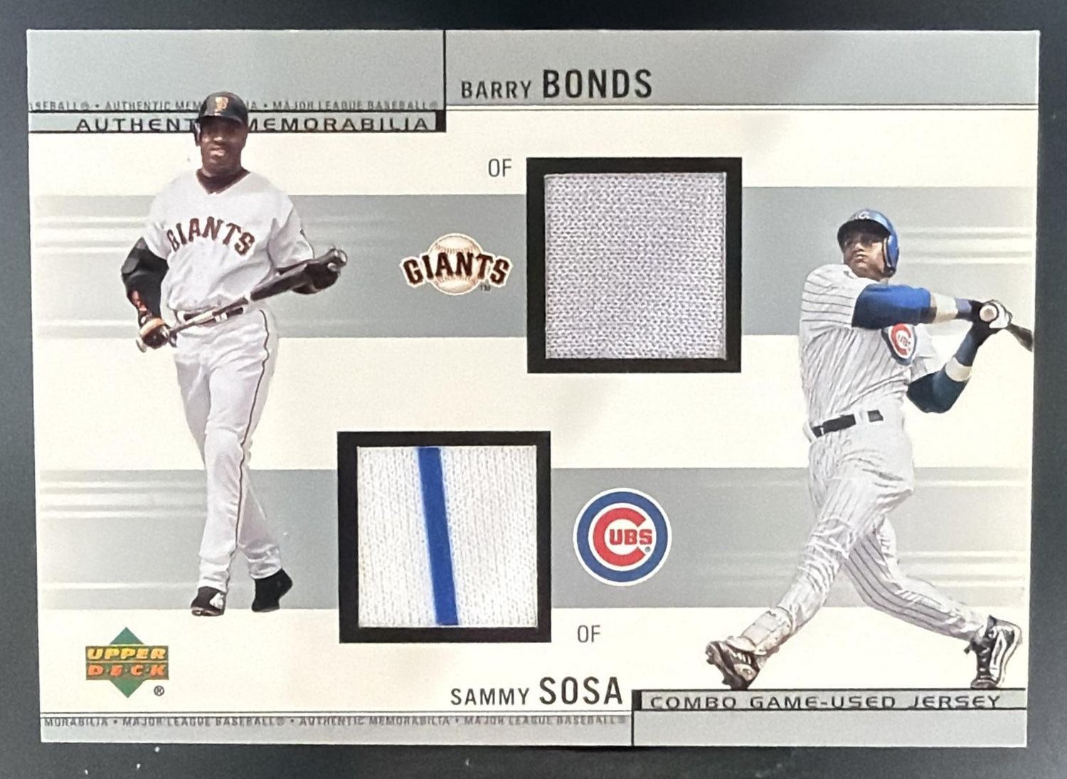 2002 Upper Deck Barry Bonds Sammy Sosa #CJ-BS Combo Game Used Memorabilia — front