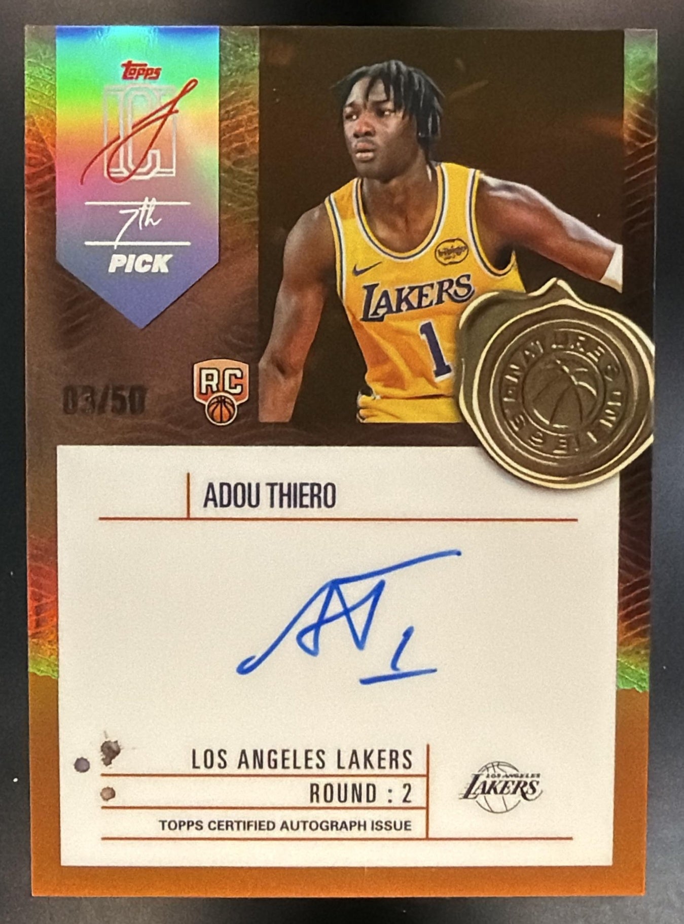 2025 Topps Signature Class Adou Thiero #SB-AT Blend Orange Refractor /50 RC Auto — front