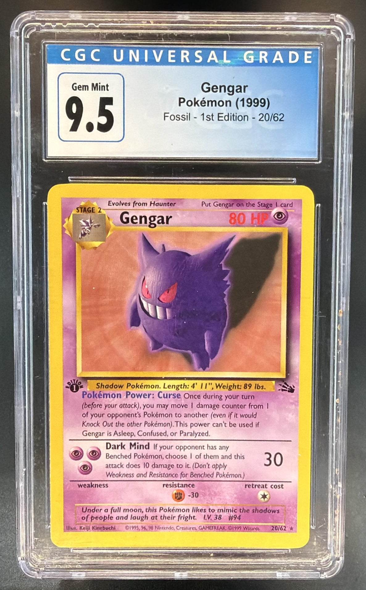 1999 Pokemon Fossil 1st Edition Gengar #20/62 CGC 9.5 — front