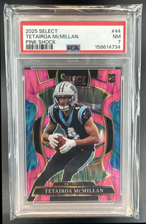 2025 Panini Select Tetairoa McMillan #44 Concourse Pink Prizm Shock RC PSA 7