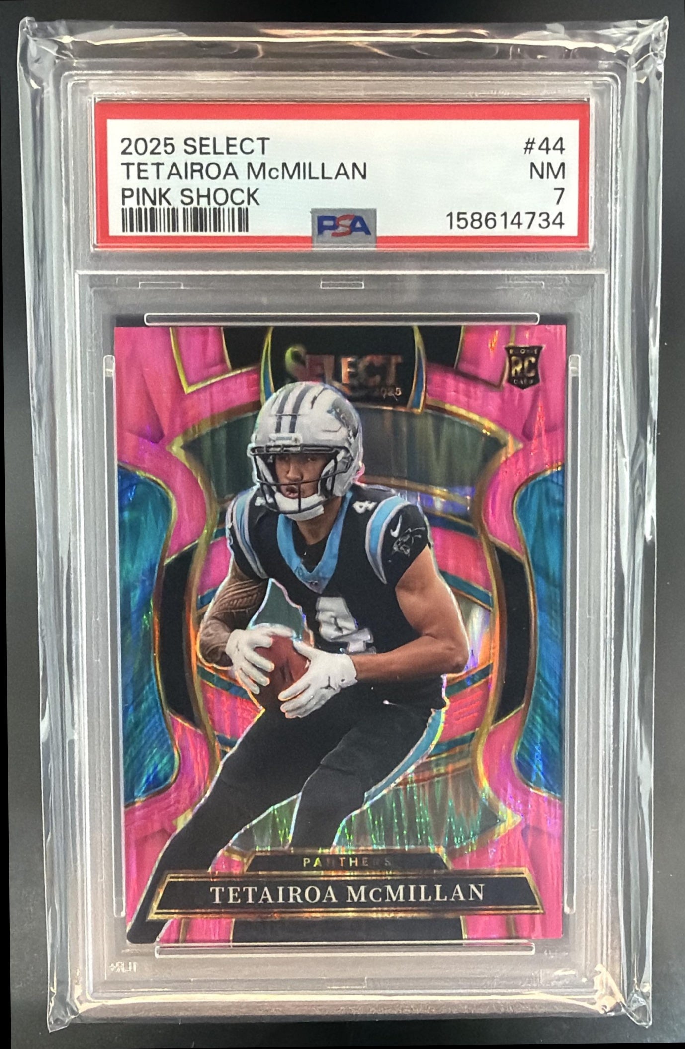 2025 Panini Select Tetairoa McMillan #44 Concourse Pink Prizm Shock RC PSA 7 — front