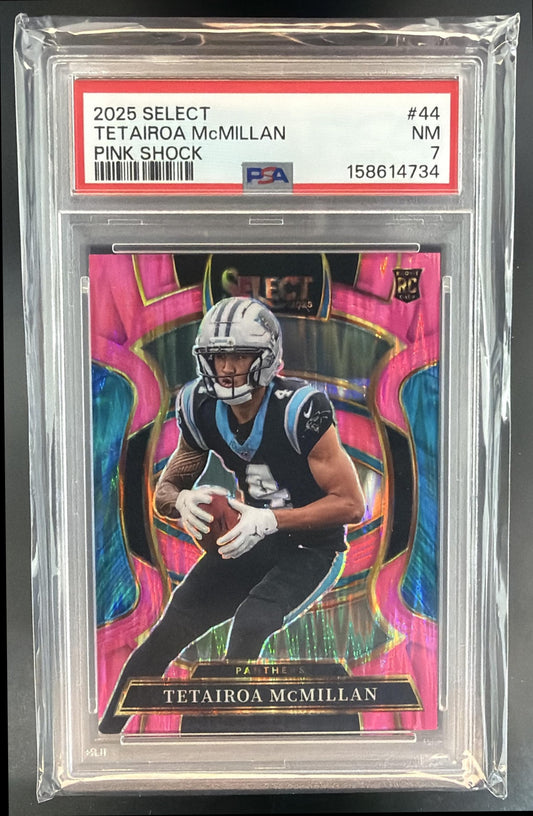 2025 Panini Select Tetairoa McMillan #44 Concourse Pink Prizm Shock RC PSA 7 — front