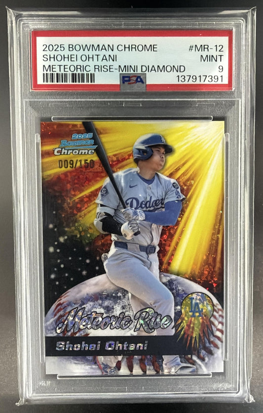 2025 Bowman Chrome Shohei Ohtani Meteoric Rise Mini Diamond Refractor /150 PSA 9 — front