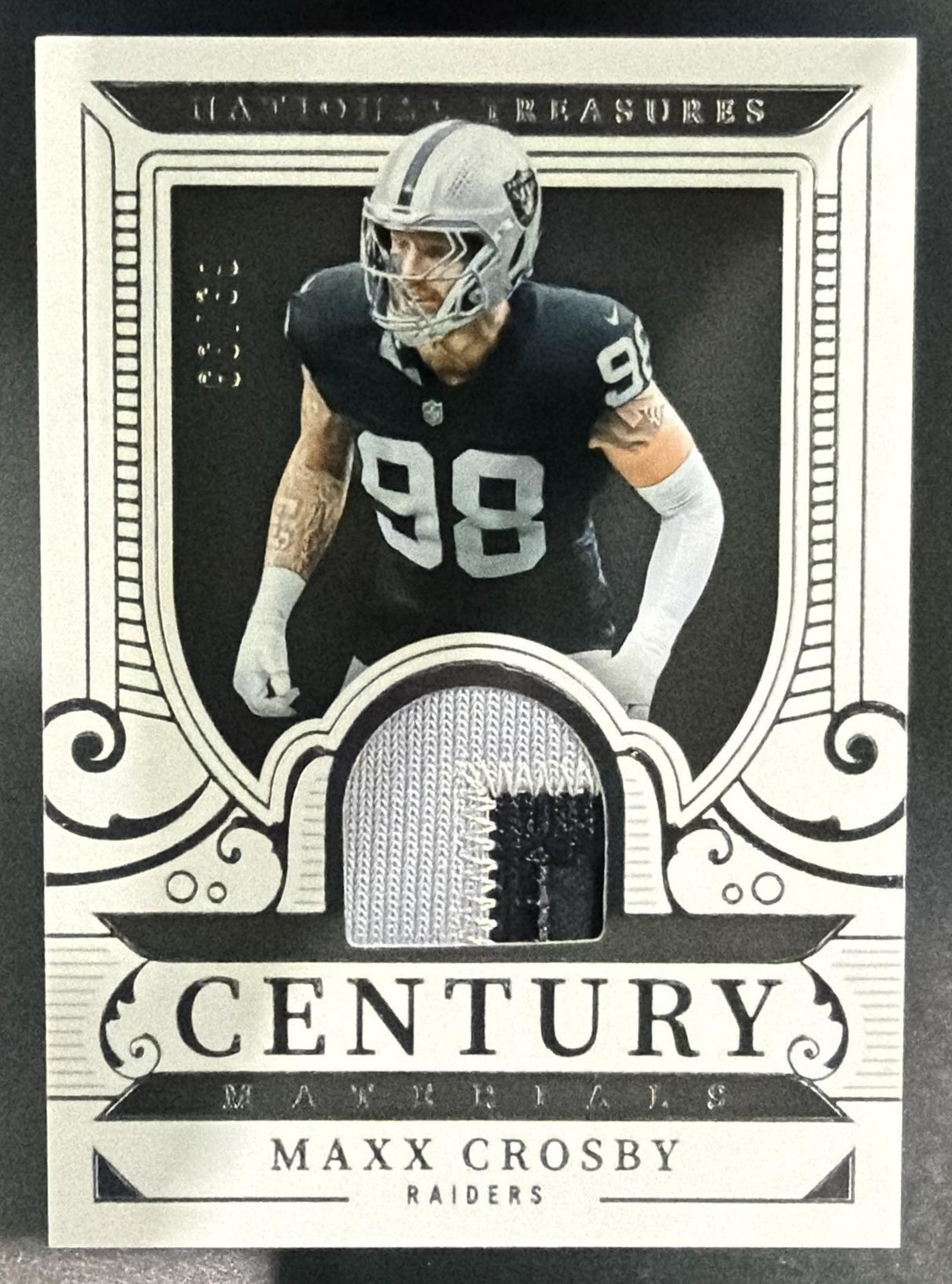 2025 Panini National Treasures Maxx Crosby #CM-MCY Century Materials /99 MEM — front