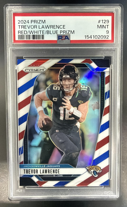 2024 Panini Prizm Trevor Lawrence #129 Red White and Blue Jaguars PSA 9 — front