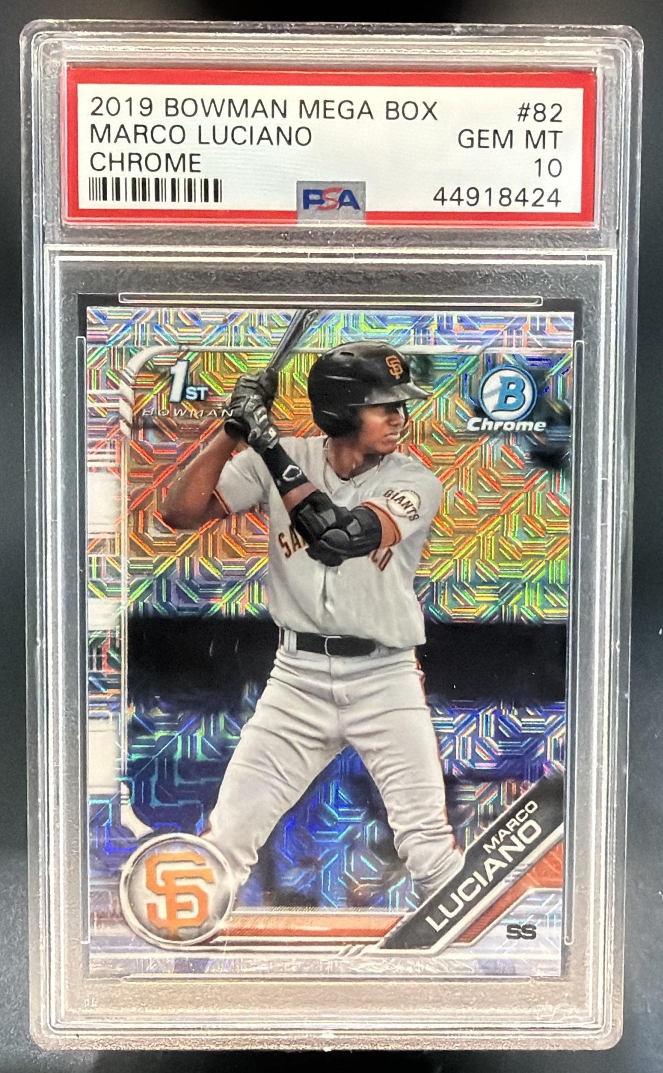 2019 Bowman Marco Luciano Chrome Prospects Mega Box Mojo Refractor PSA 10 — front