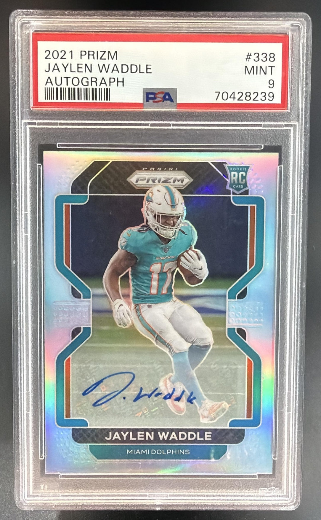 2021 Panini Prizm Jaylen Waddle #338 Rookie Auto Silver RC Dolphins PSA 9 — front