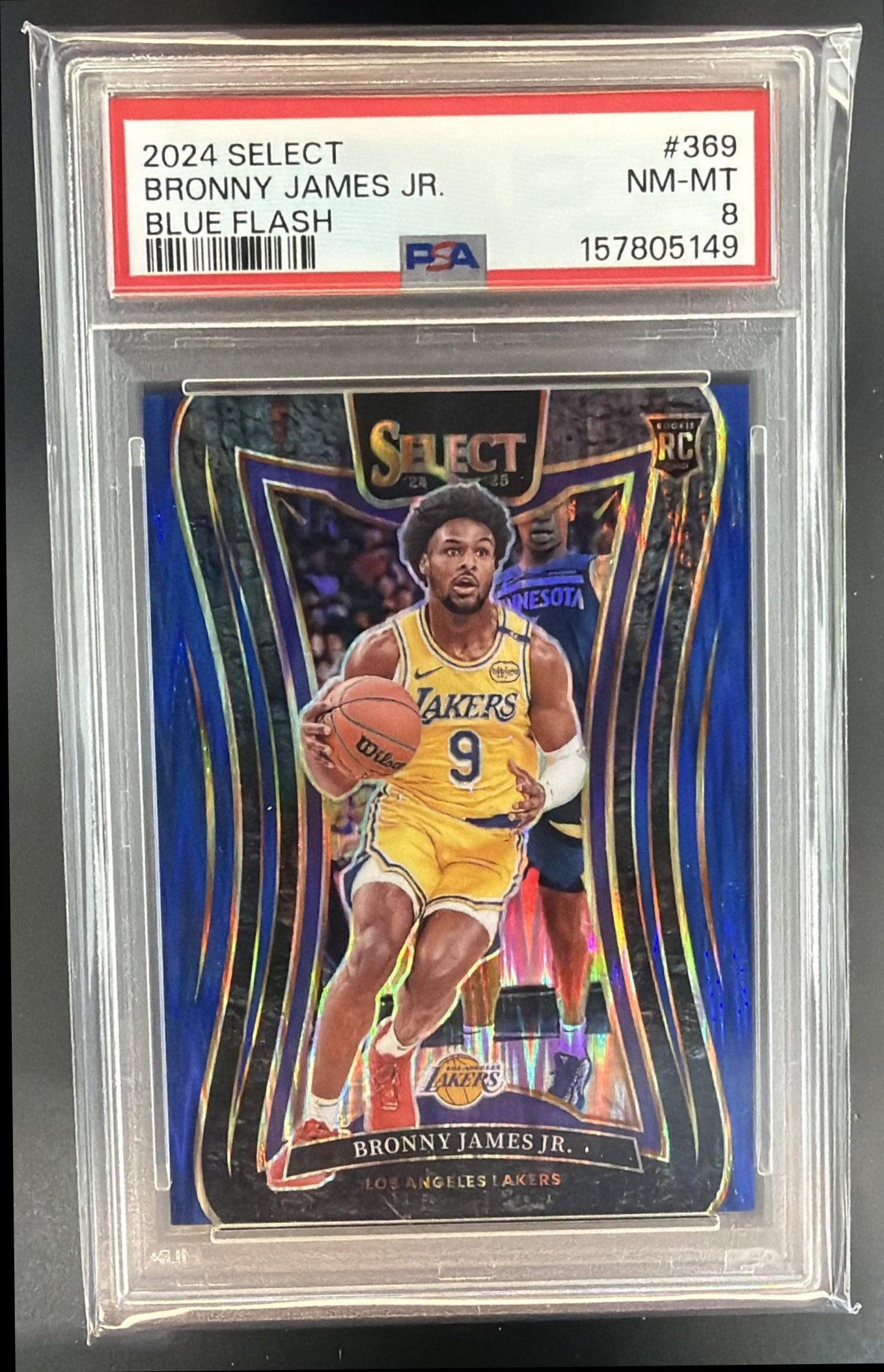 2024 Panini Select Bronny James Jr. #369 Mezzanine Blue Flash Prizm /99 RC PSA 8 — front