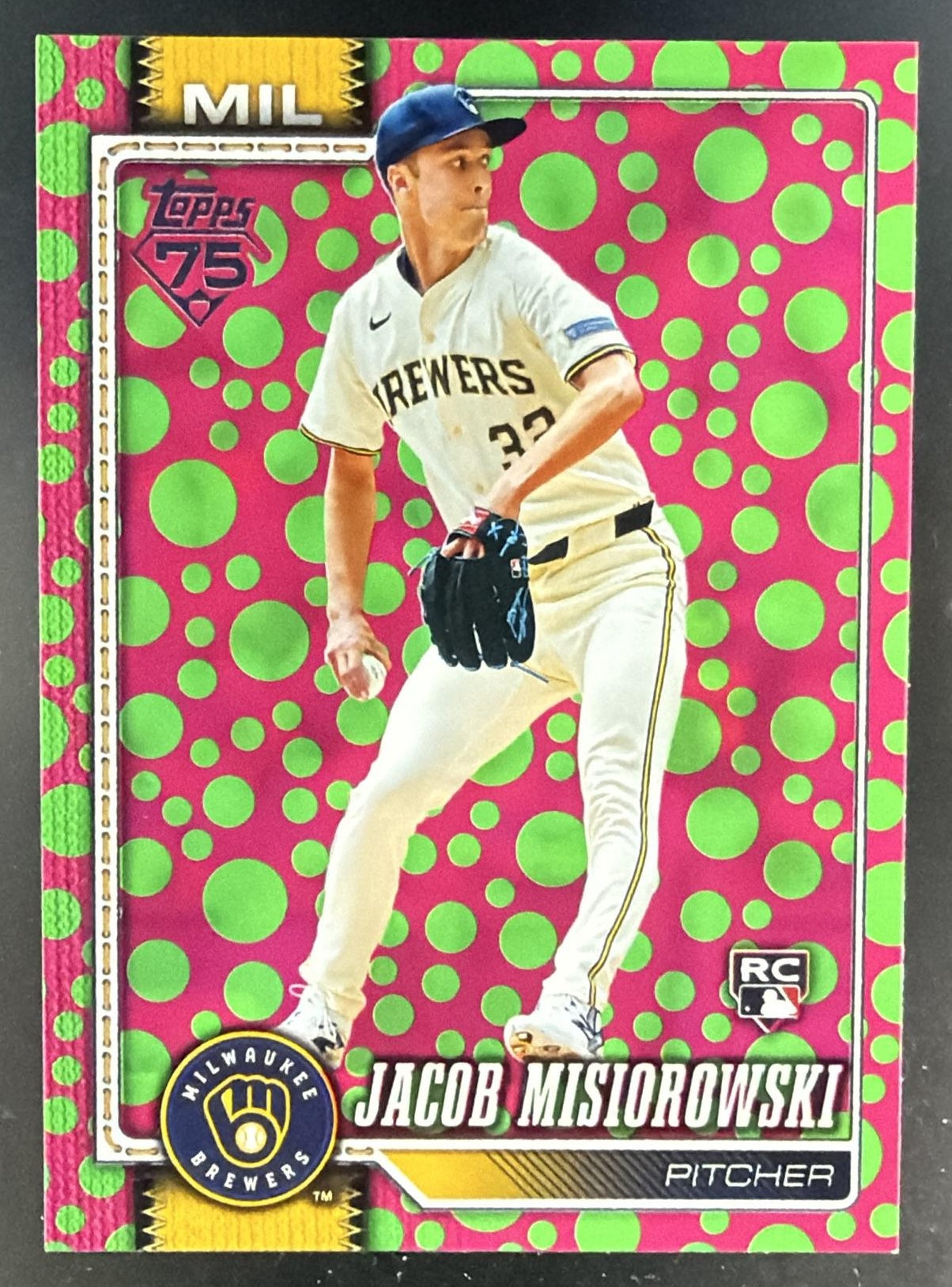 2026 Topps Series 1 Jacob Misiorowski #10 Holiday Polka Dots Green/Pink RC — front