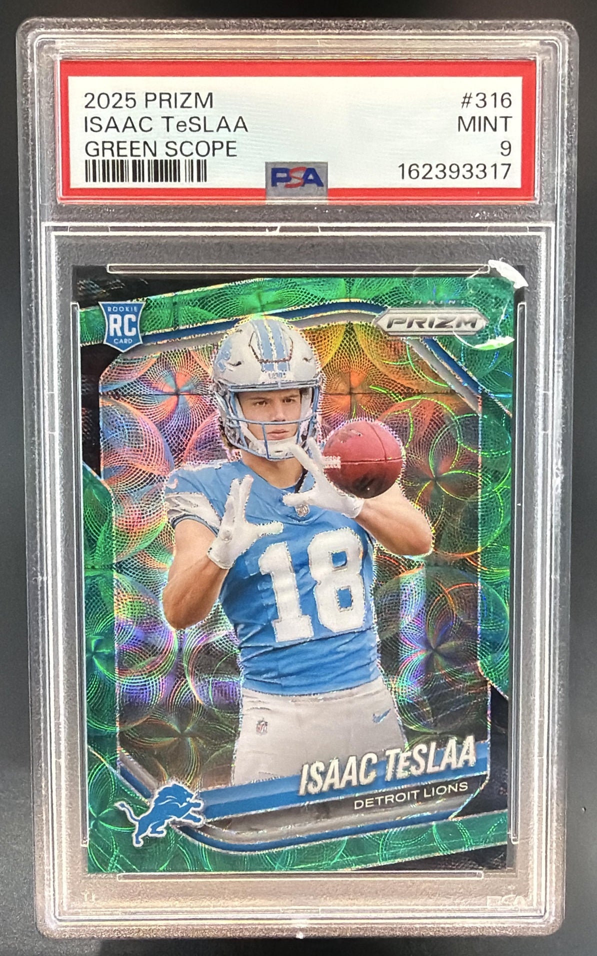 2025 Panini Prizm Isaac TeSlaa #316 Green Scope 44/75 RC Lions PSA 9 — front
