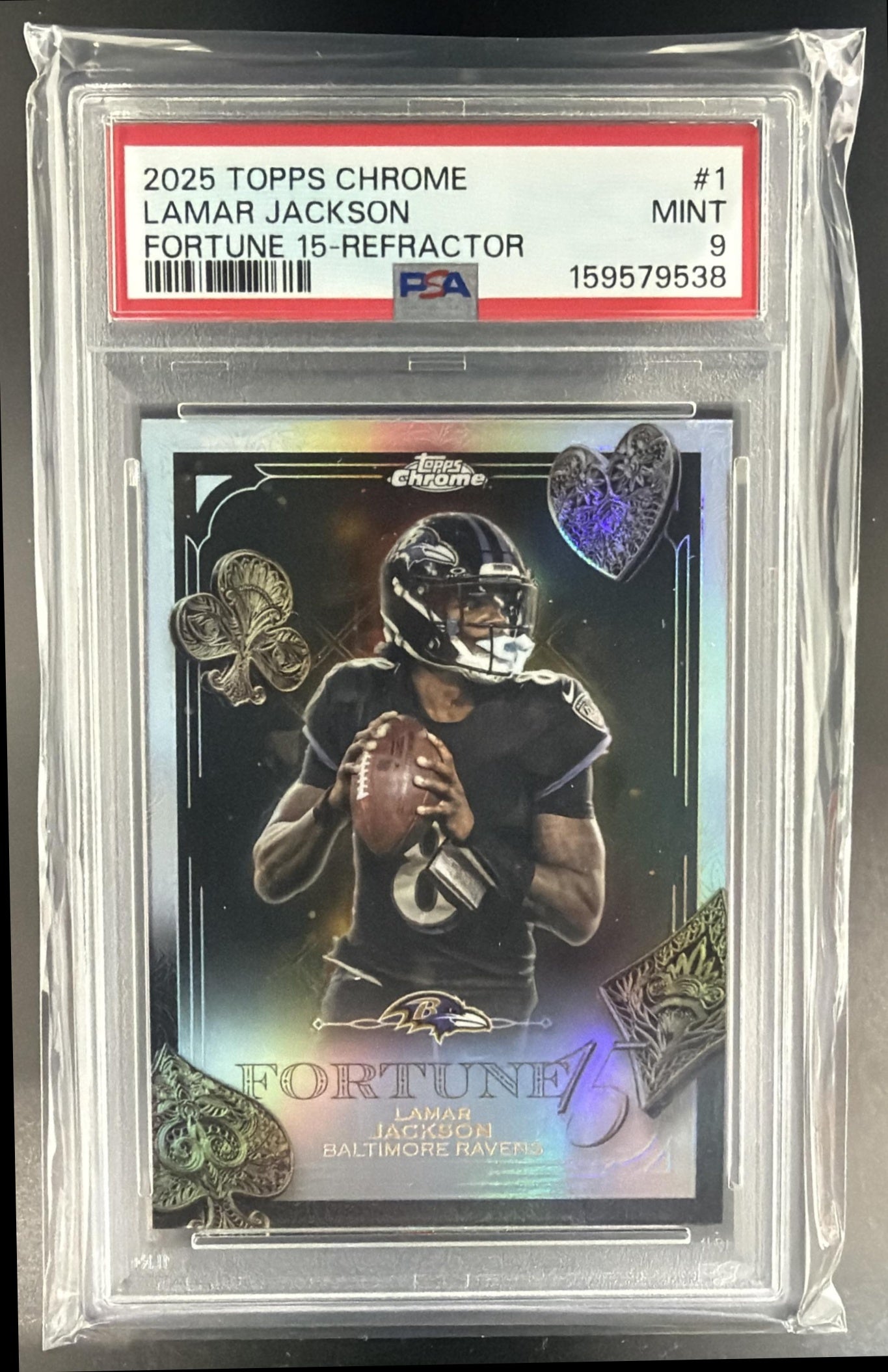 2025 Topps Chrome Lamar Jackson #F15-1 Fortune 15 Ravens PSA 9 — front