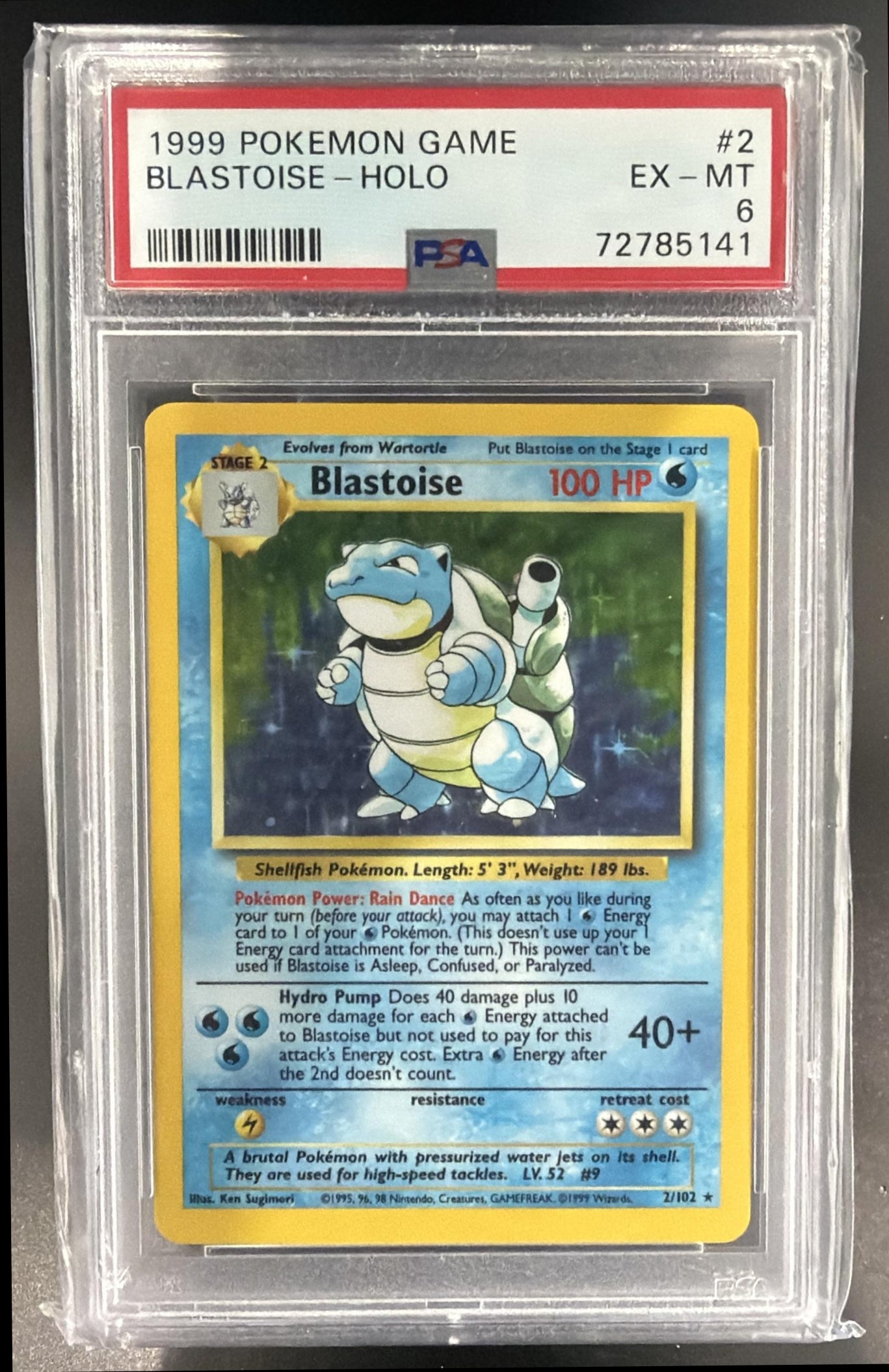 1999 Pokemon Unlimited Blastoise #2/102 Set Rare Holo PSA 6 — front