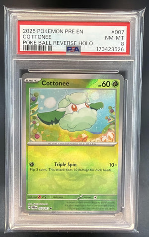 2025 Pokemon Prismatic Evolutions Cottonee #007/131 Reverse Holo Poke Ball PSA 8