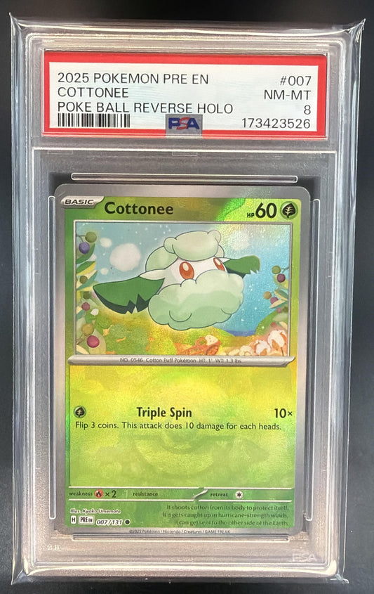2025 Pokemon Prismatic Evolutions Cottonee #007/131 Reverse Holo Poke Ball PSA 8 — front