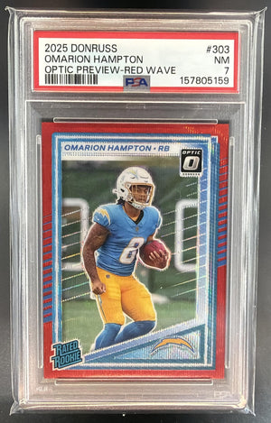 2025 Panini Donruss Omarion Hampton Optic Rated Rookie Preview Red Wave RC PSA 7