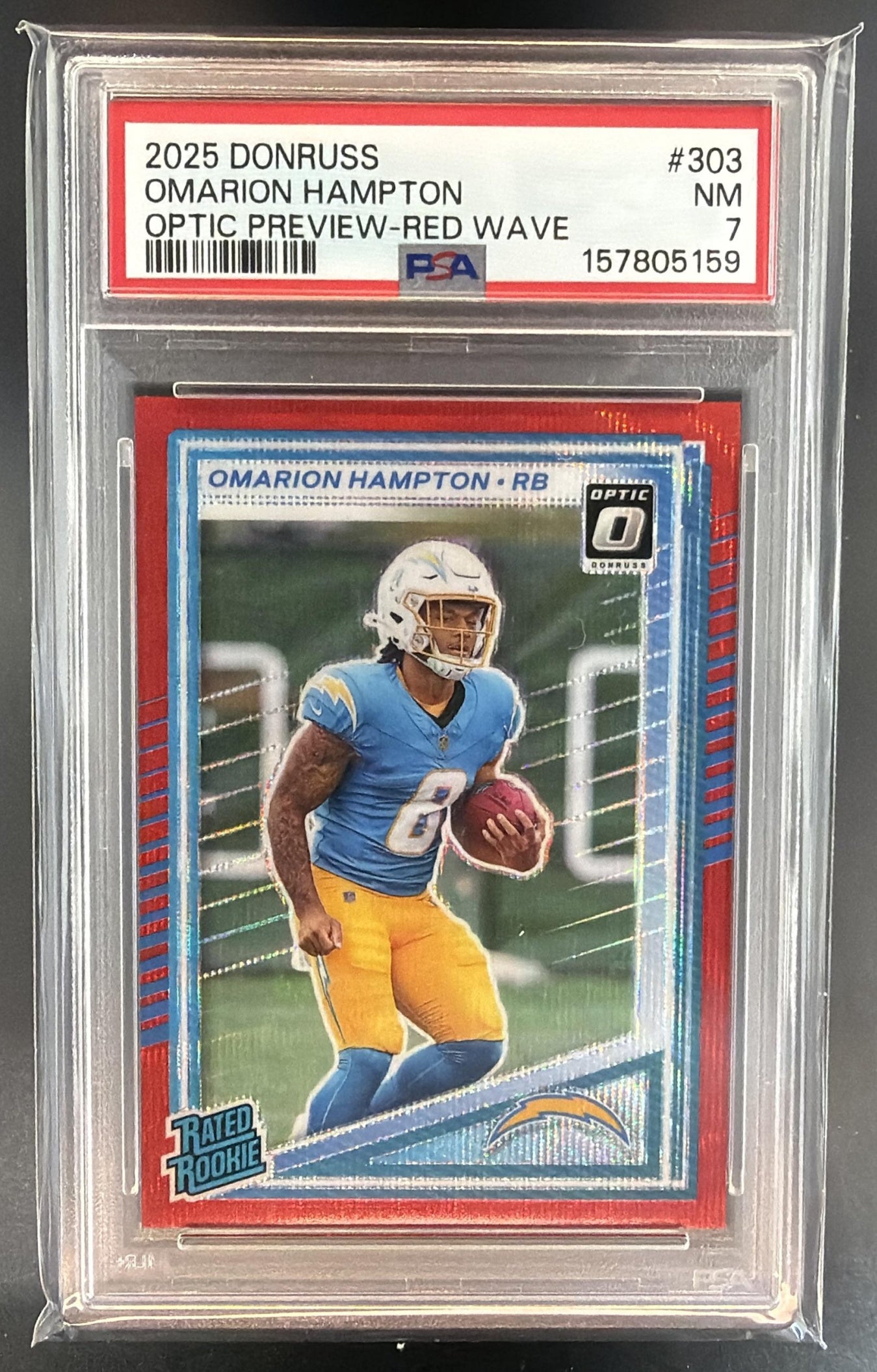 2025 Panini Donruss Omarion Hampton Optic Rated Rookie Preview Red Wave RC PSA 7 — front