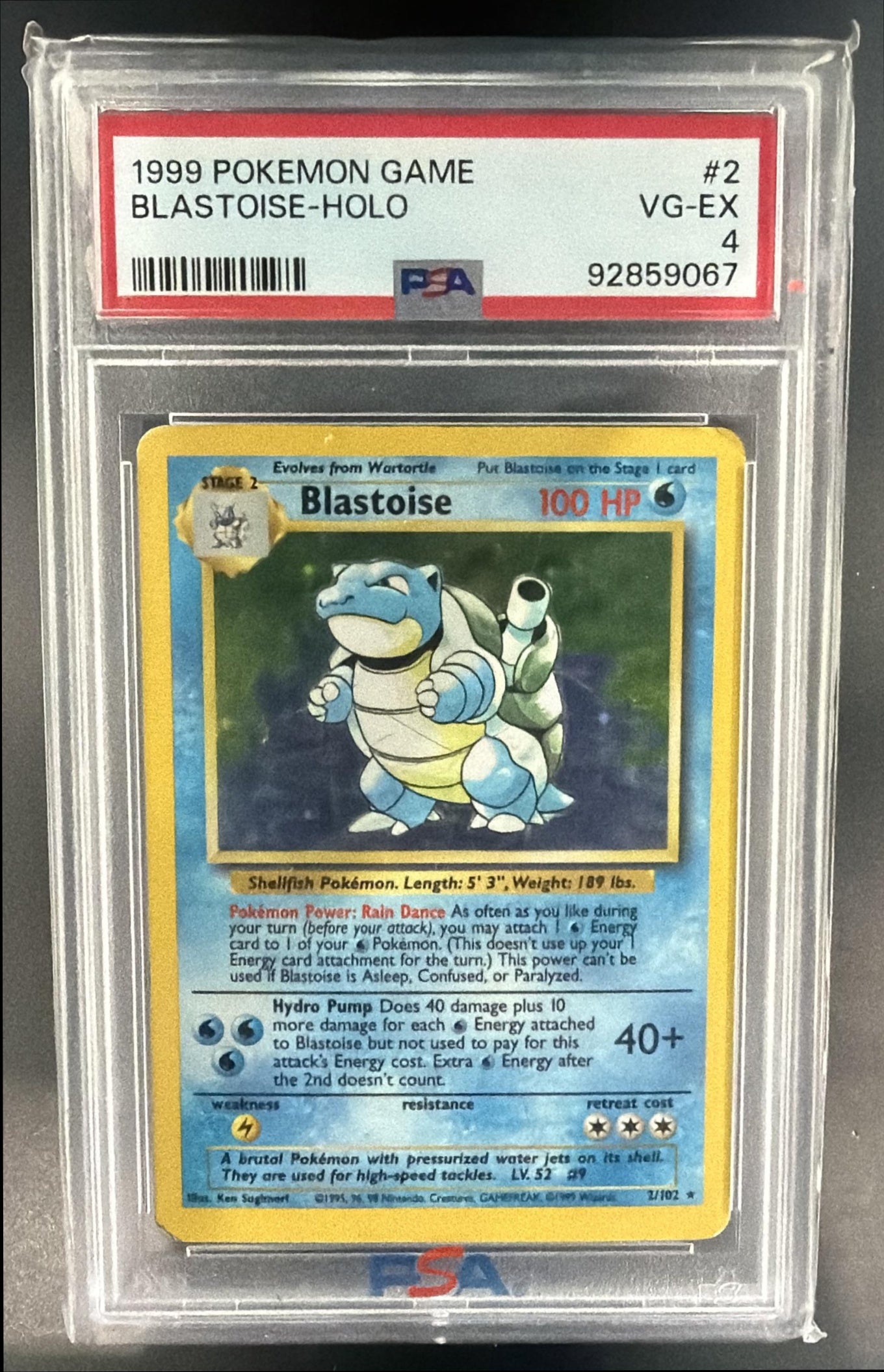 1999 Pokemon Unlimited Blastoise #2/102 Set Rare Holo PSA 4 — front