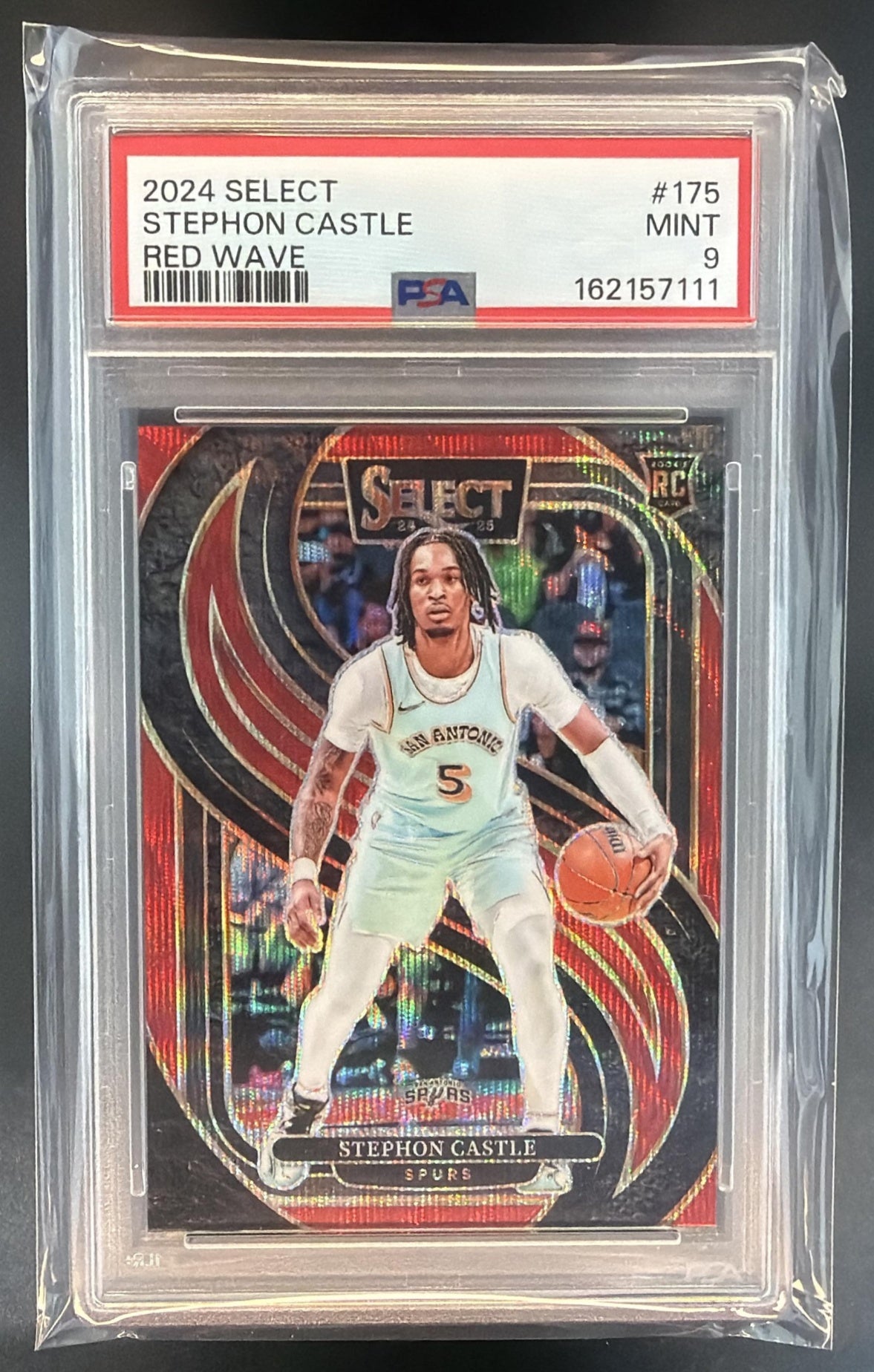 2024-25 Panini Select Stephon Castle #175 Premier Red Wave Prizm RC Spurs PSA 9 — front